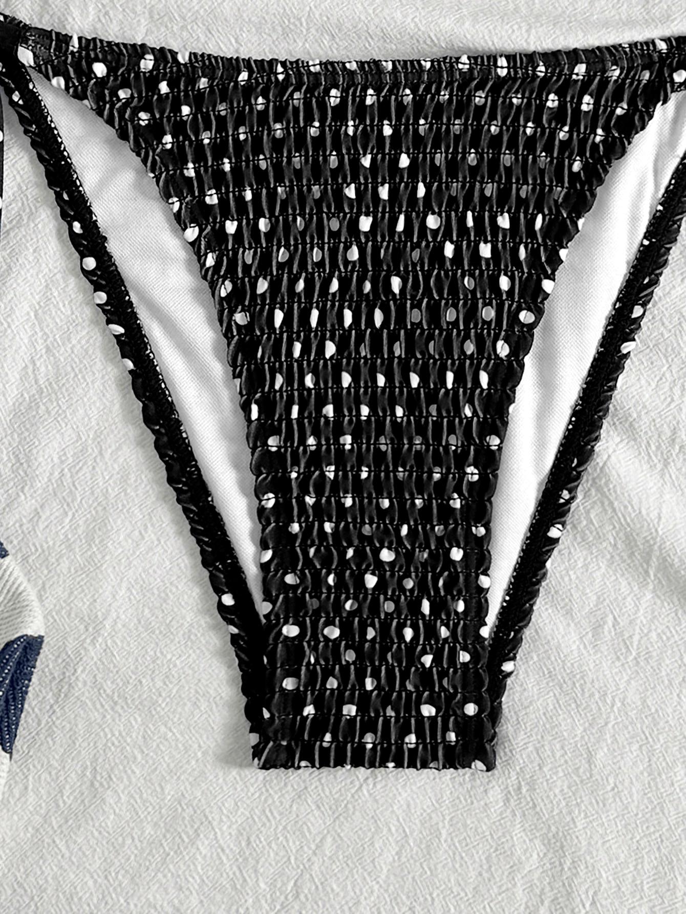 (image for) Women Textured Smocked Dot Halter Triangle Bikini Set Tie Side Backless Sexy Two Piece Beach Swimwear
