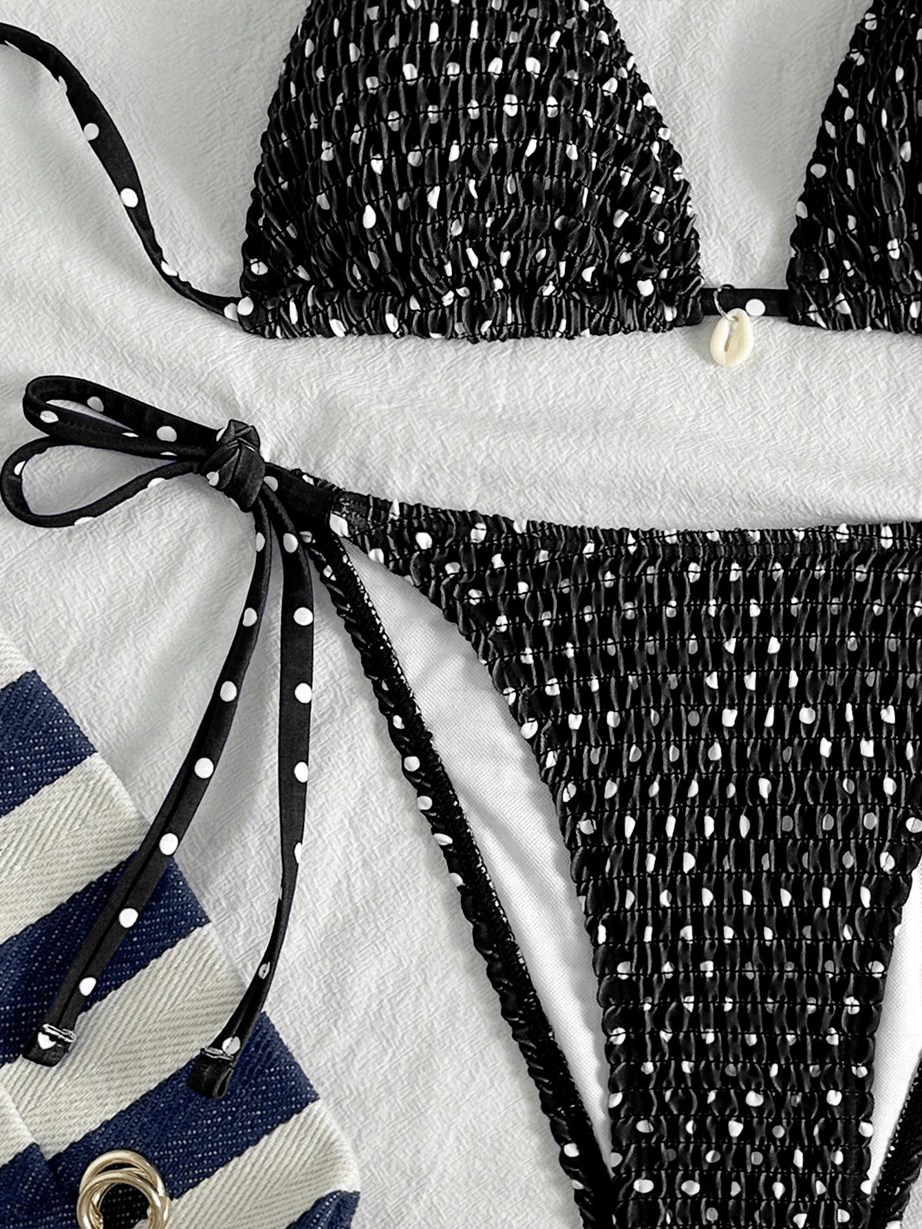 (image for) Women Textured Smocked Dot Halter Triangle Bikini Set Tie Side Backless Sexy Two Piece Beach Swimwear