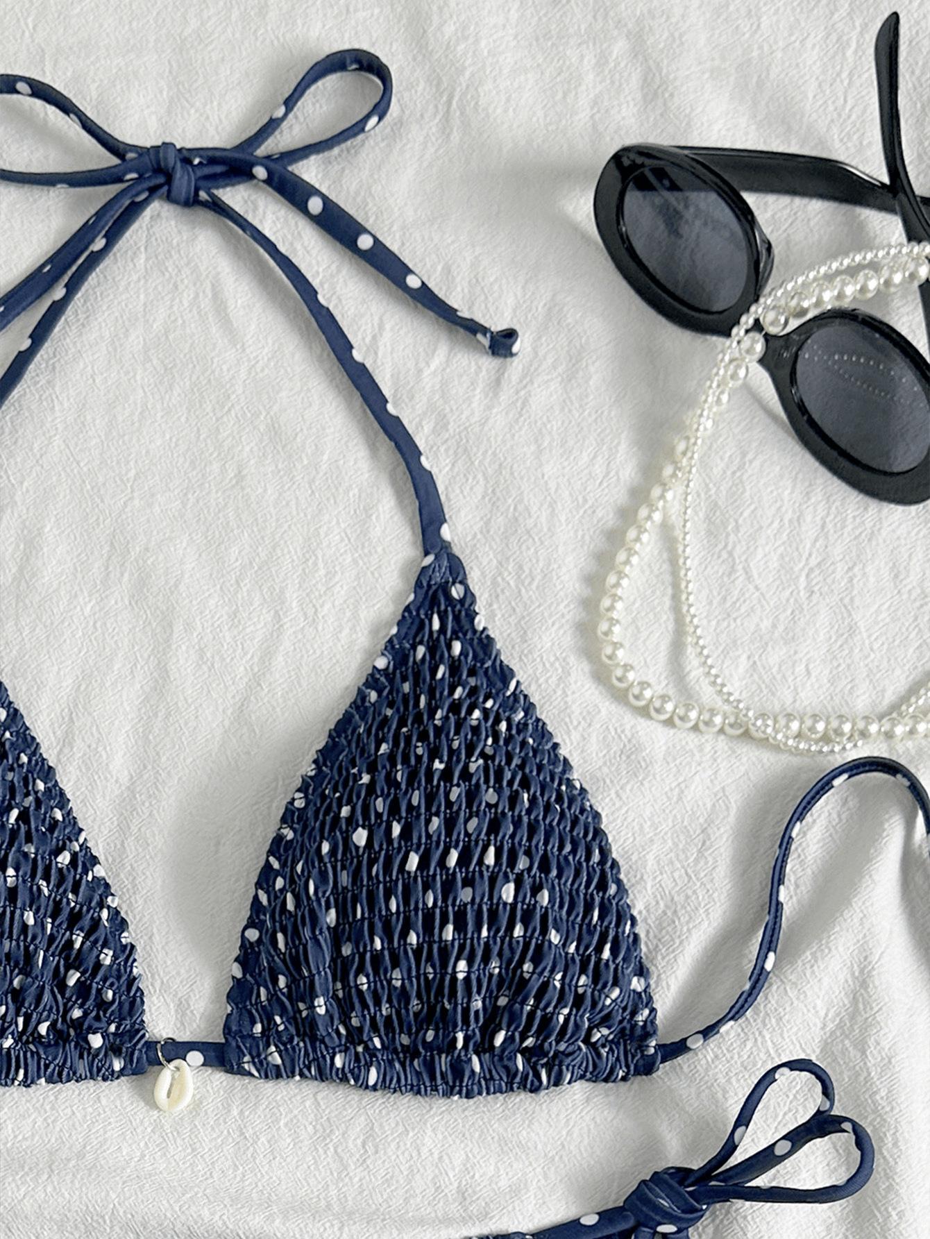 (image for) Women Textured Smocked Dot Halter Triangle Bikini Set Tie Side Backless Sexy Two Piece Beach Swimwear