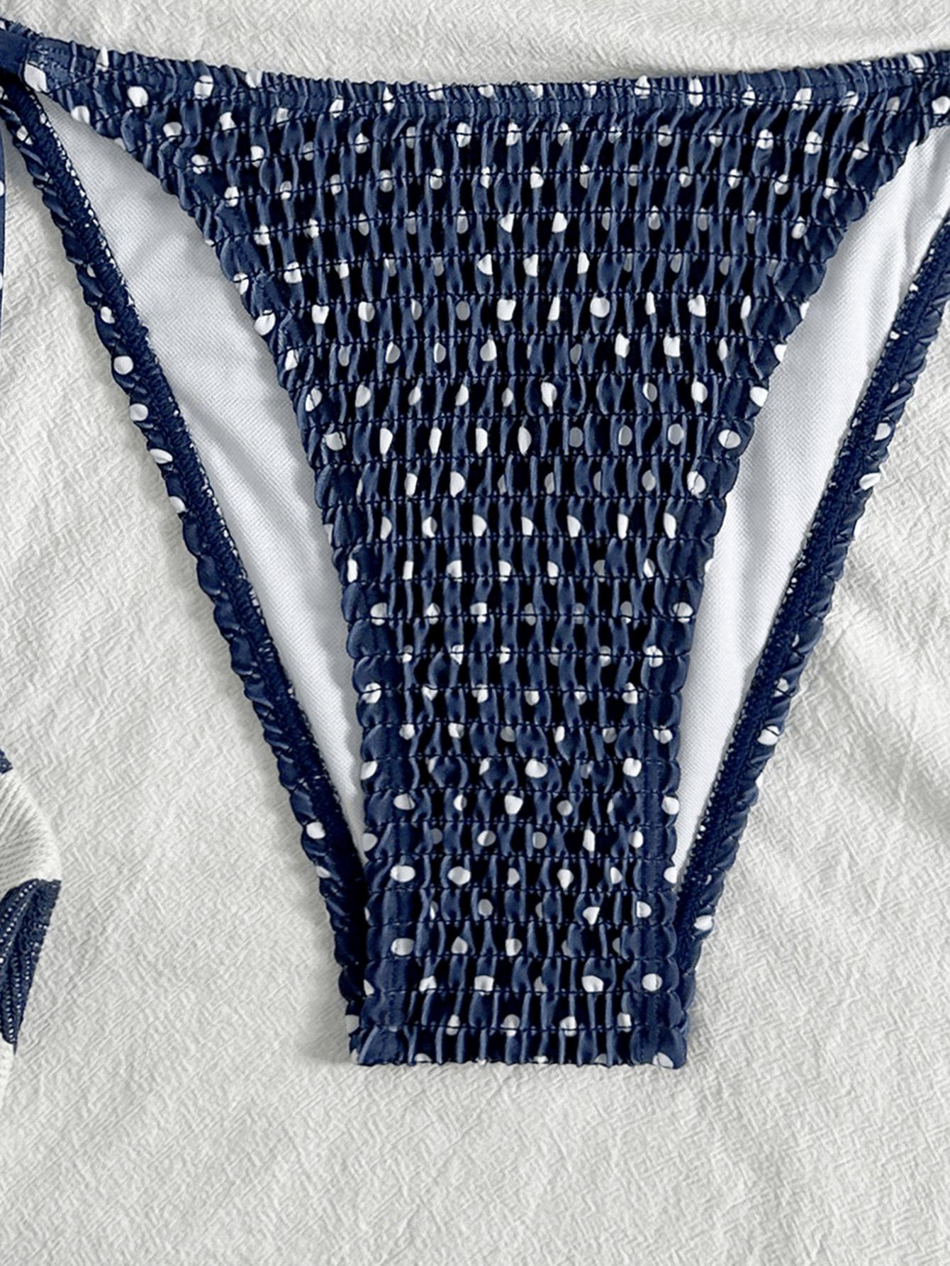 (image for) Women Textured Smocked Dot Halter Triangle Bikini Set Tie Side Backless Sexy Two Piece Beach Swimwear