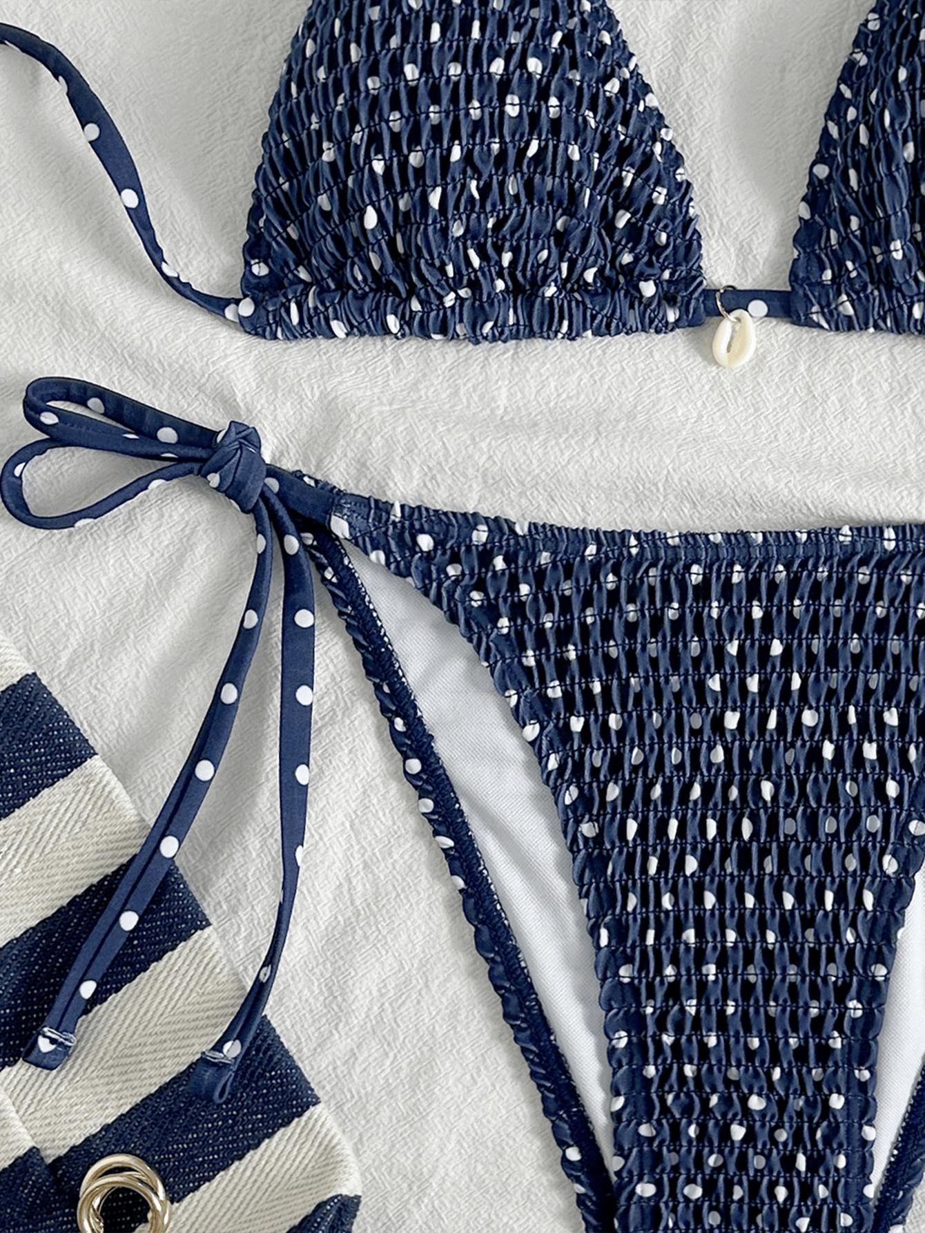(image for) Women Textured Smocked Dot Halter Triangle Bikini Set Tie Side Backless Sexy Two Piece Beach Swimwear