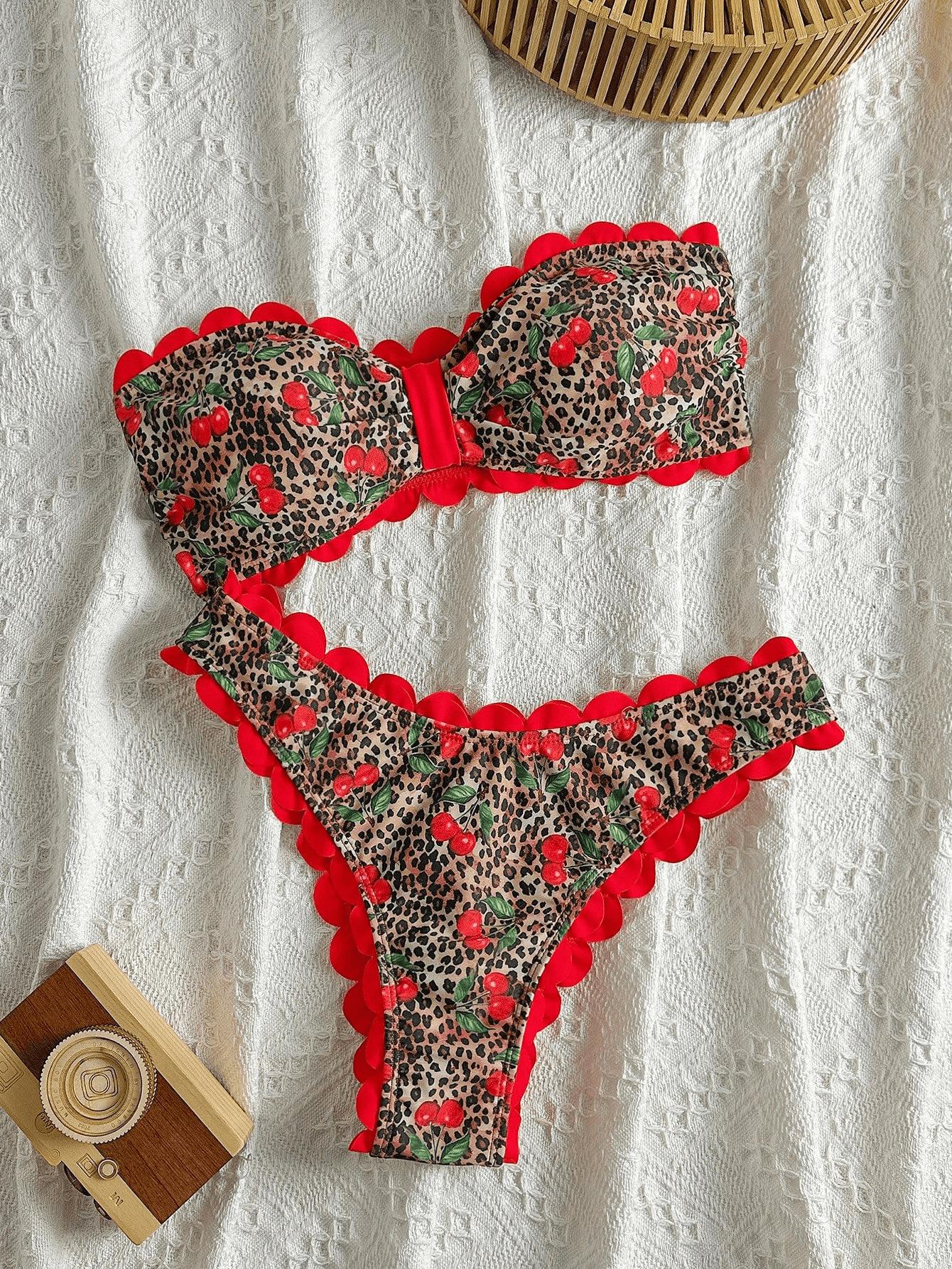 (image for) Women Scalloped Edge Bandeau Bikini Set Ditsy Floral Starfish Print Sexy Strapless Two Piece Beach Swimwear