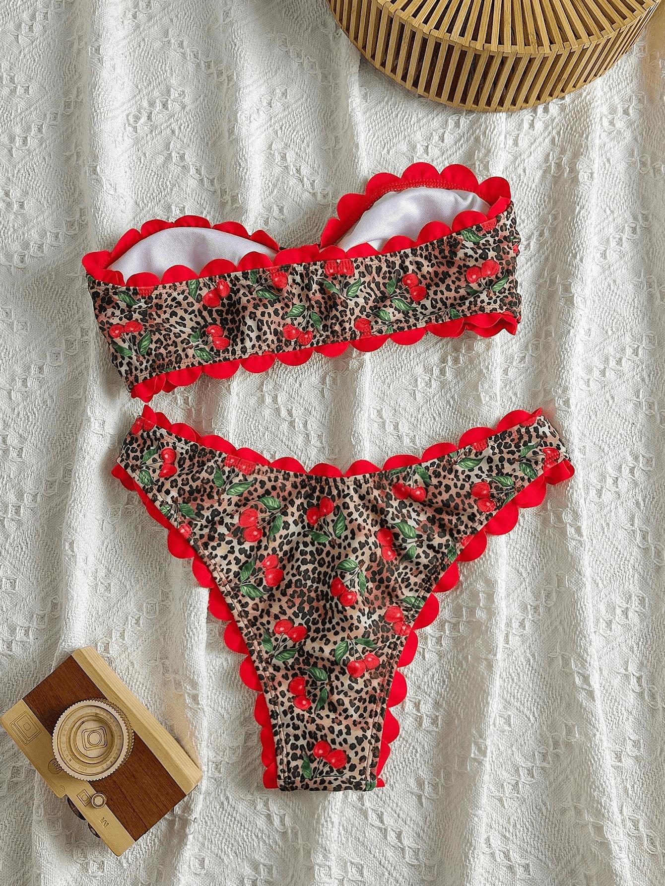 (image for) Women Scalloped Edge Bandeau Bikini Set Ditsy Floral Starfish Print Sexy Strapless Two Piece Beach Swimwear