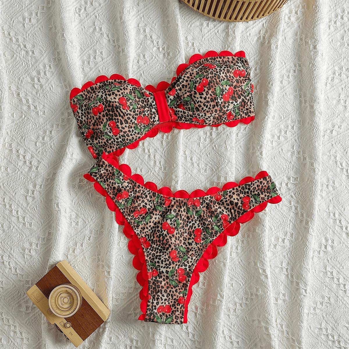 (image for) Women Scalloped Edge Bandeau Bikini Set Ditsy Floral Starfish Print Sexy Strapless Two Piece Beach Swimwear