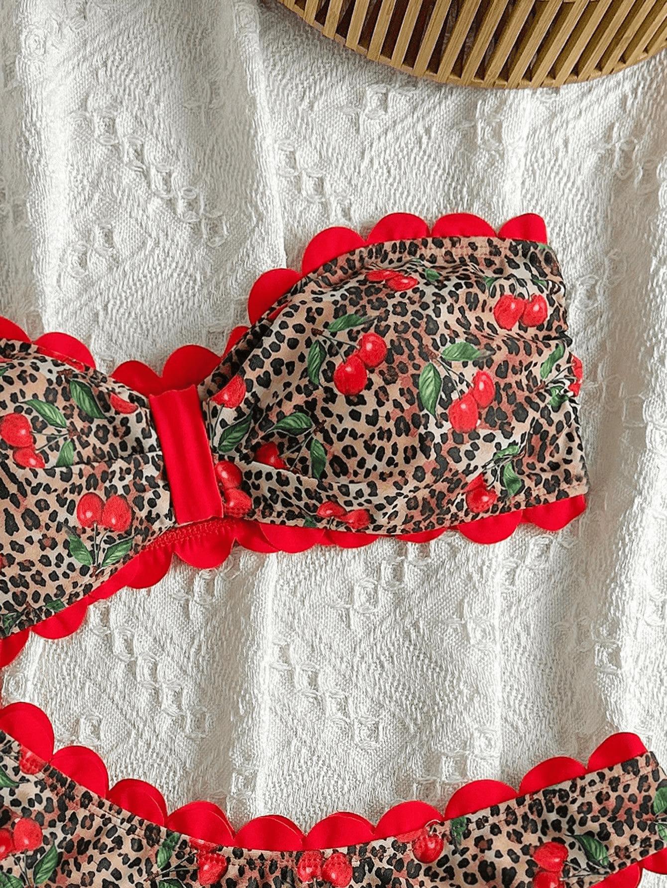 (image for) Women Scalloped Edge Bandeau Bikini Set Ditsy Floral Starfish Print Sexy Strapless Two Piece Beach Swimwear