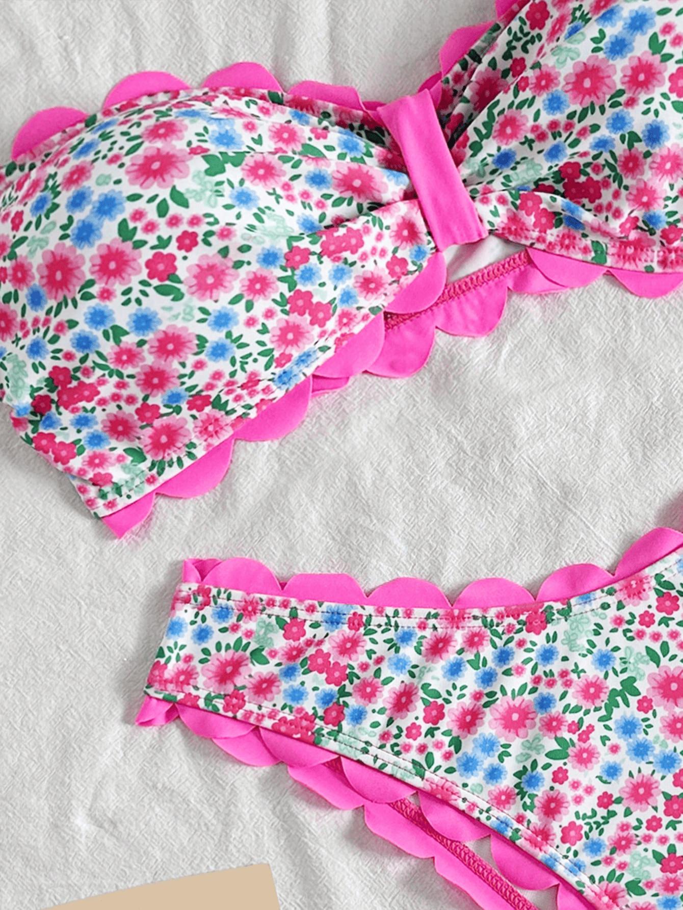 (image for) Women Scalloped Edge Bandeau Bikini Set Ditsy Floral Starfish Print Sexy Strapless Two Piece Beach Swimwear