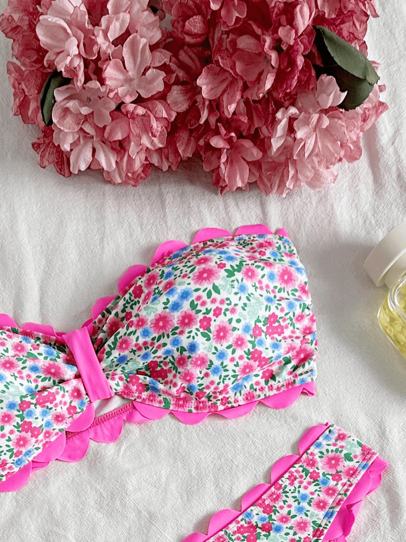 (image for) Women Scalloped Edge Bandeau Bikini Set Ditsy Floral Starfish Print Sexy Strapless Two Piece Beach Swimwear
