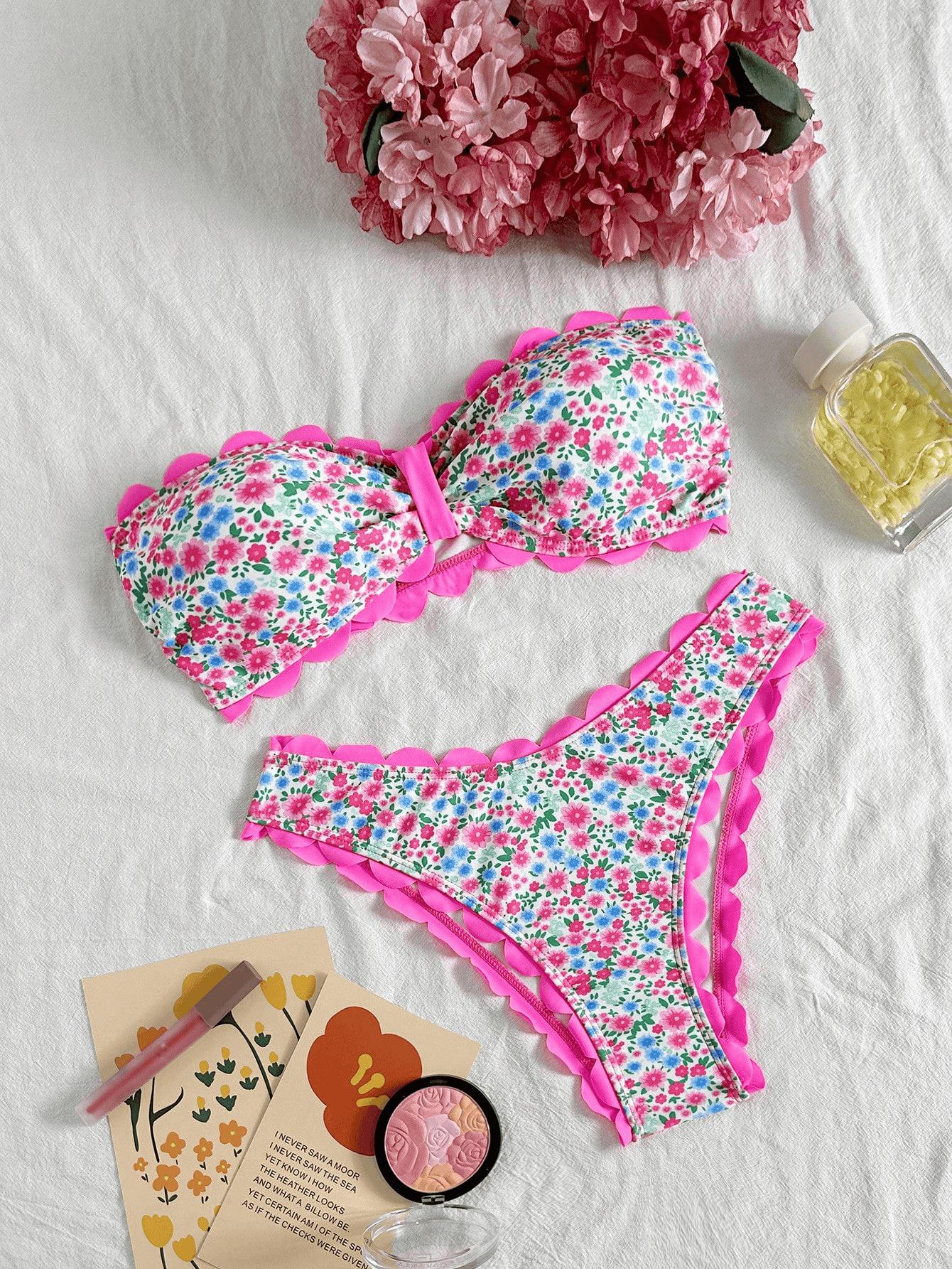 (image for) Women Scalloped Edge Bandeau Bikini Set Ditsy Floral Starfish Print Sexy Strapless Two Piece Beach Swimwear