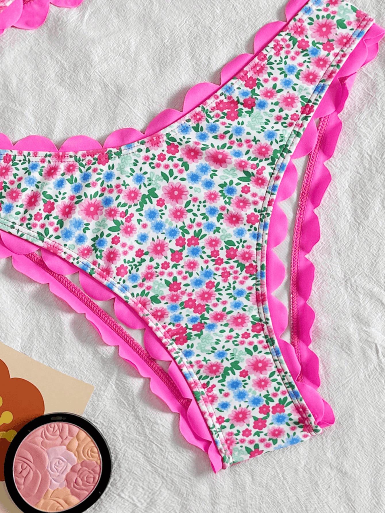(image for) Women Scalloped Edge Bandeau Bikini Set Ditsy Floral Starfish Print Sexy Strapless Two Piece Beach Swimwear