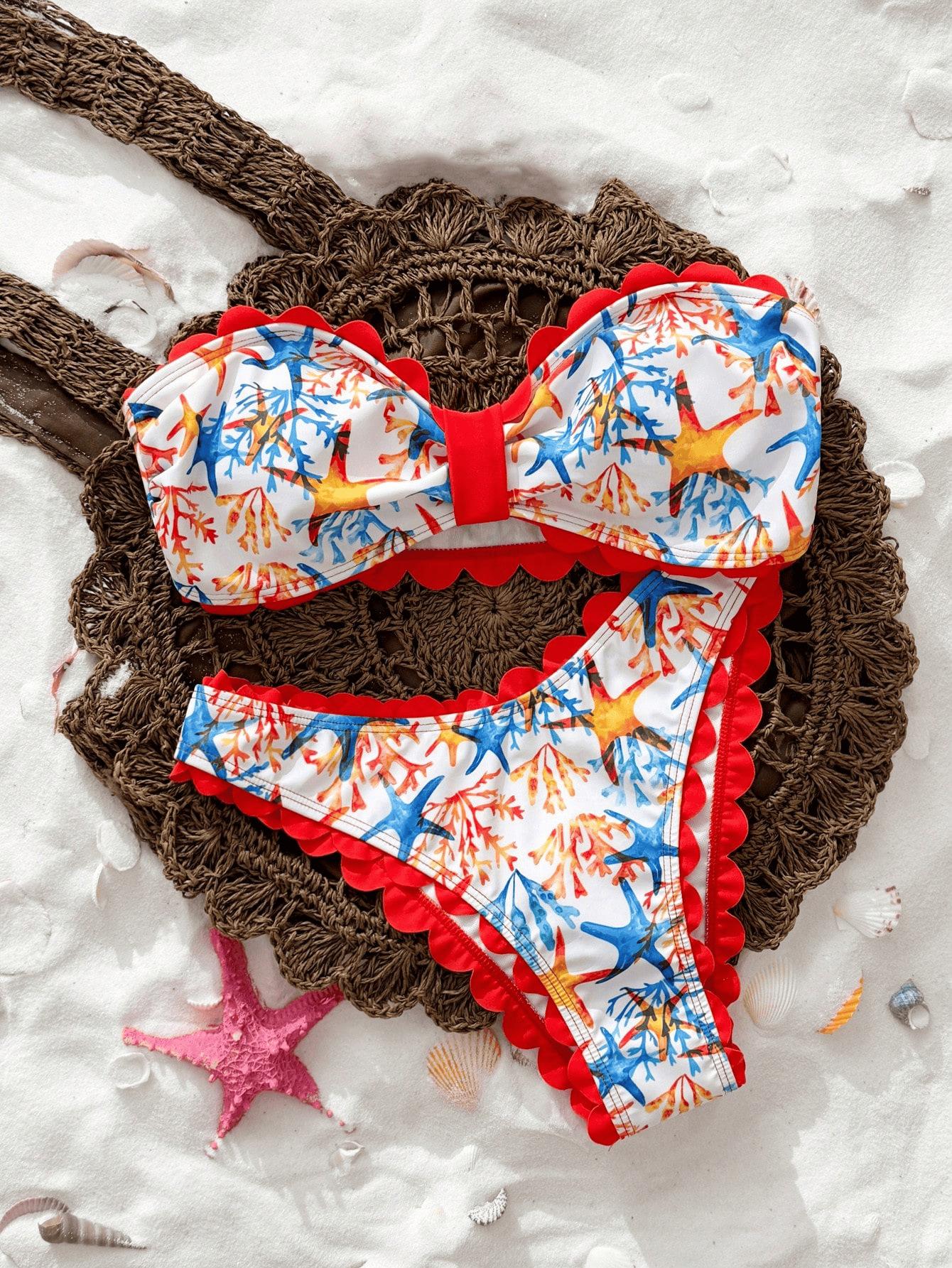 (image for) Women Scalloped Edge Bandeau Bikini Set Ditsy Floral Starfish Print Sexy Strapless Two Piece Beach Swimwear