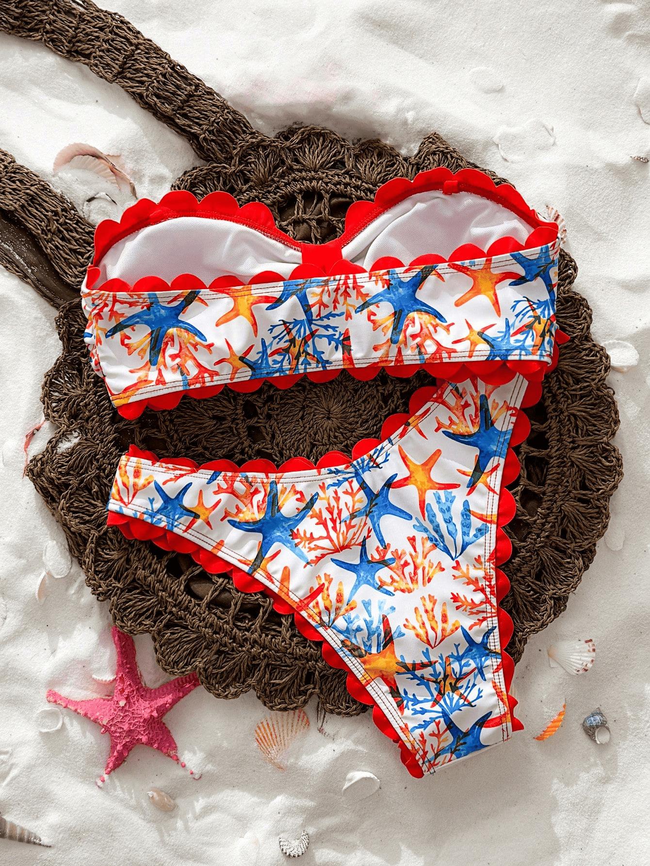 (image for) Women Scalloped Edge Bandeau Bikini Set Ditsy Floral Starfish Print Sexy Strapless Two Piece Beach Swimwear