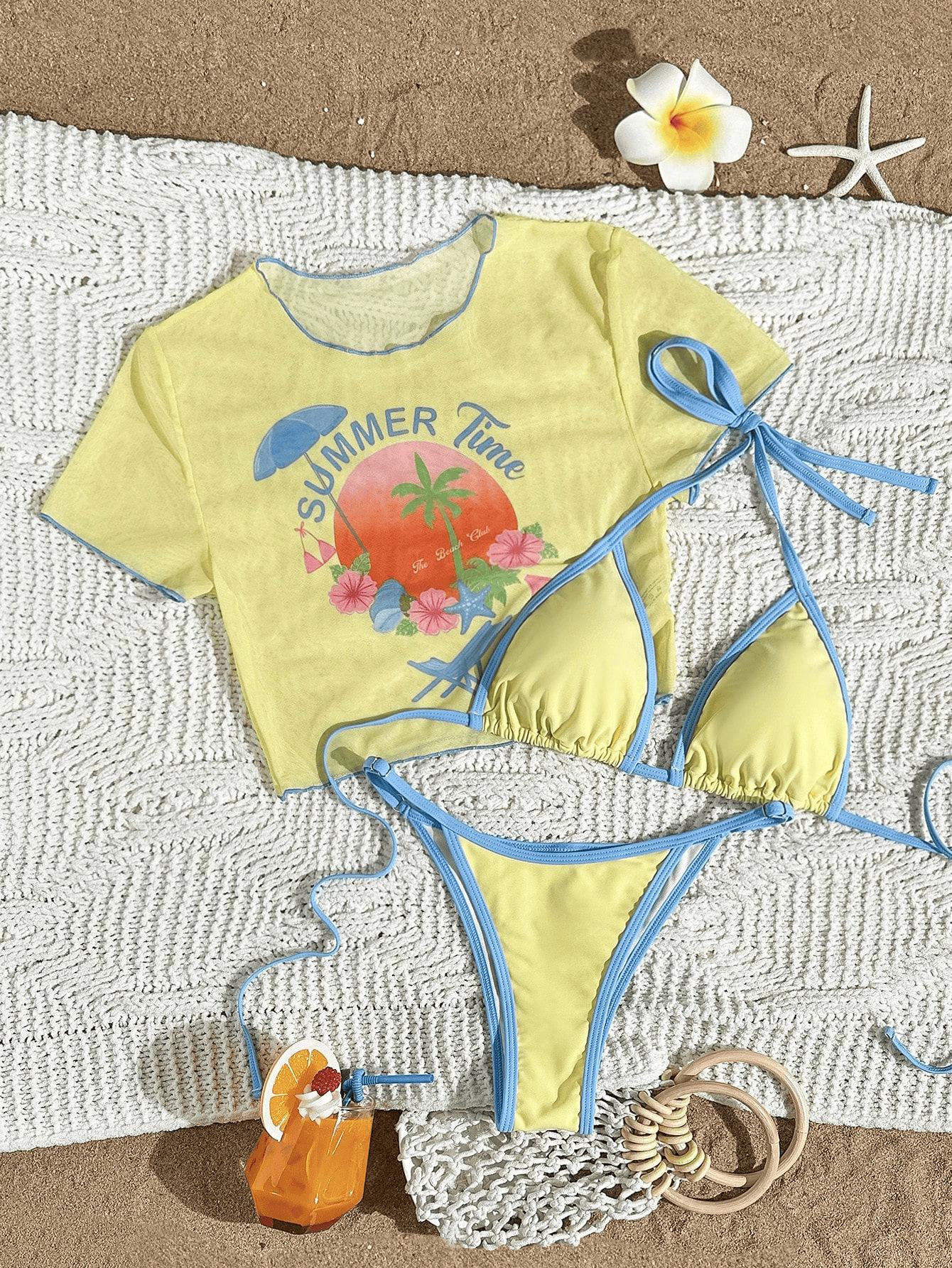 Women 3 Piece Summer Print Halter Triangle Bikini Set with Sheer Mesh Short Sleeve Cover Up T-Shirt Sun Protection Swimwear
