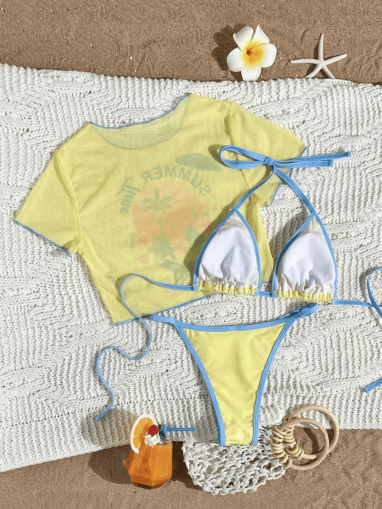 (image for) Women 3 Piece Summer Print Halter Triangle Bikini Set with Sheer Mesh Short Sleeve Cover Up T-Shirt Sun Protection Swimwear