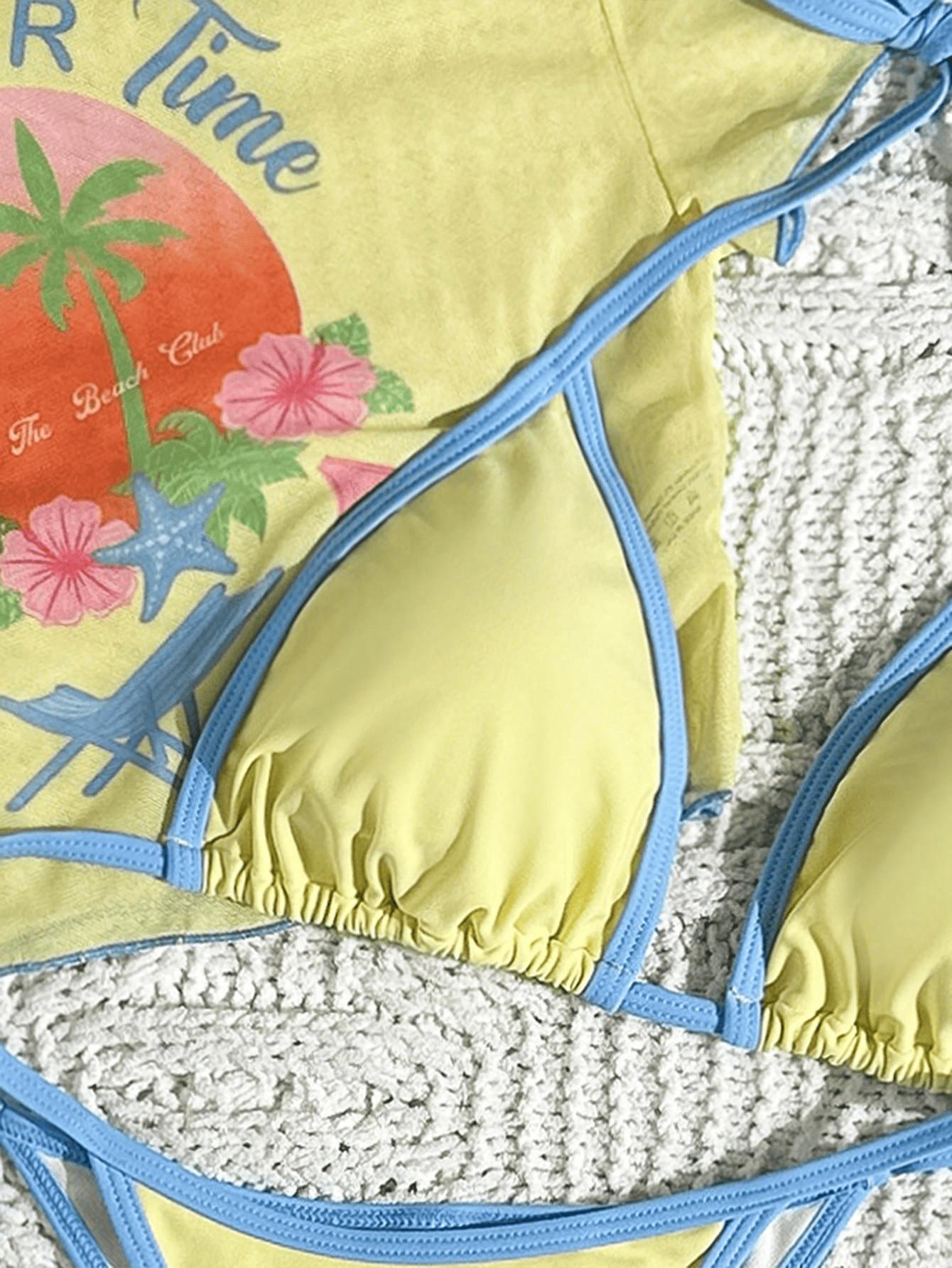 (image for) Women 3 Piece Summer Print Halter Triangle Bikini Set with Sheer Mesh Short Sleeve Cover Up T-Shirt Sun Protection Swimwear