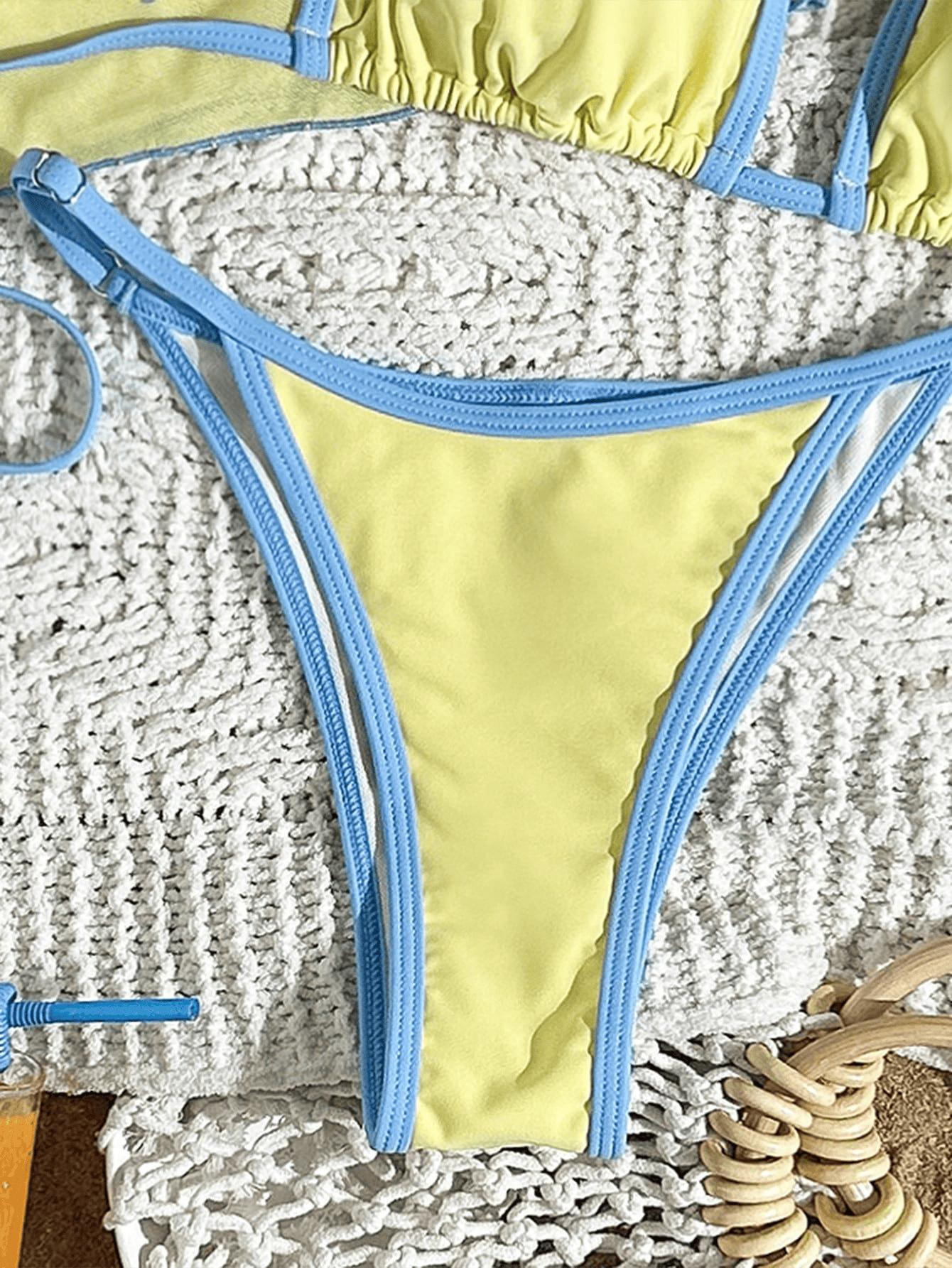 (image for) Women 3 Piece Summer Print Halter Triangle Bikini Set with Sheer Mesh Short Sleeve Cover Up T-Shirt Sun Protection Swimwear
