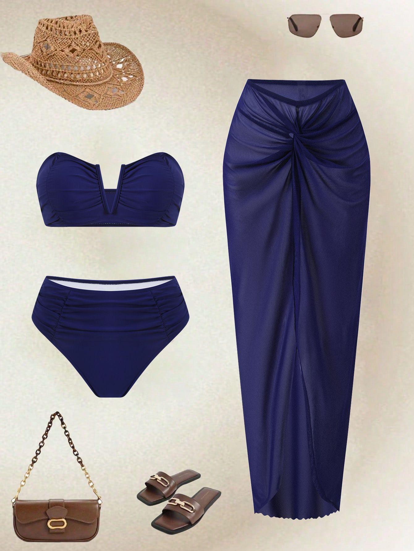(image for) Women Navy Blue Bandeau Bikini Set with Long Twist Front Sarong Skirt 3 Piece High Waisted Tummy Control Beach Vacation Swimwear Set