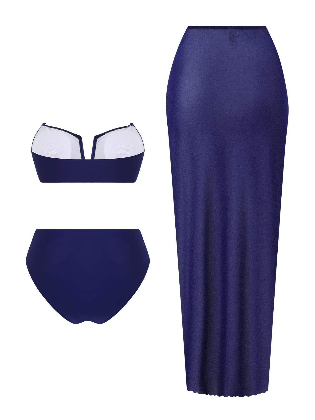 (image for) Women Navy Blue Bandeau Bikini Set with Long Twist Front Sarong Skirt 3 Piece High Waisted Tummy Control Beach Vacation Swimwear Set