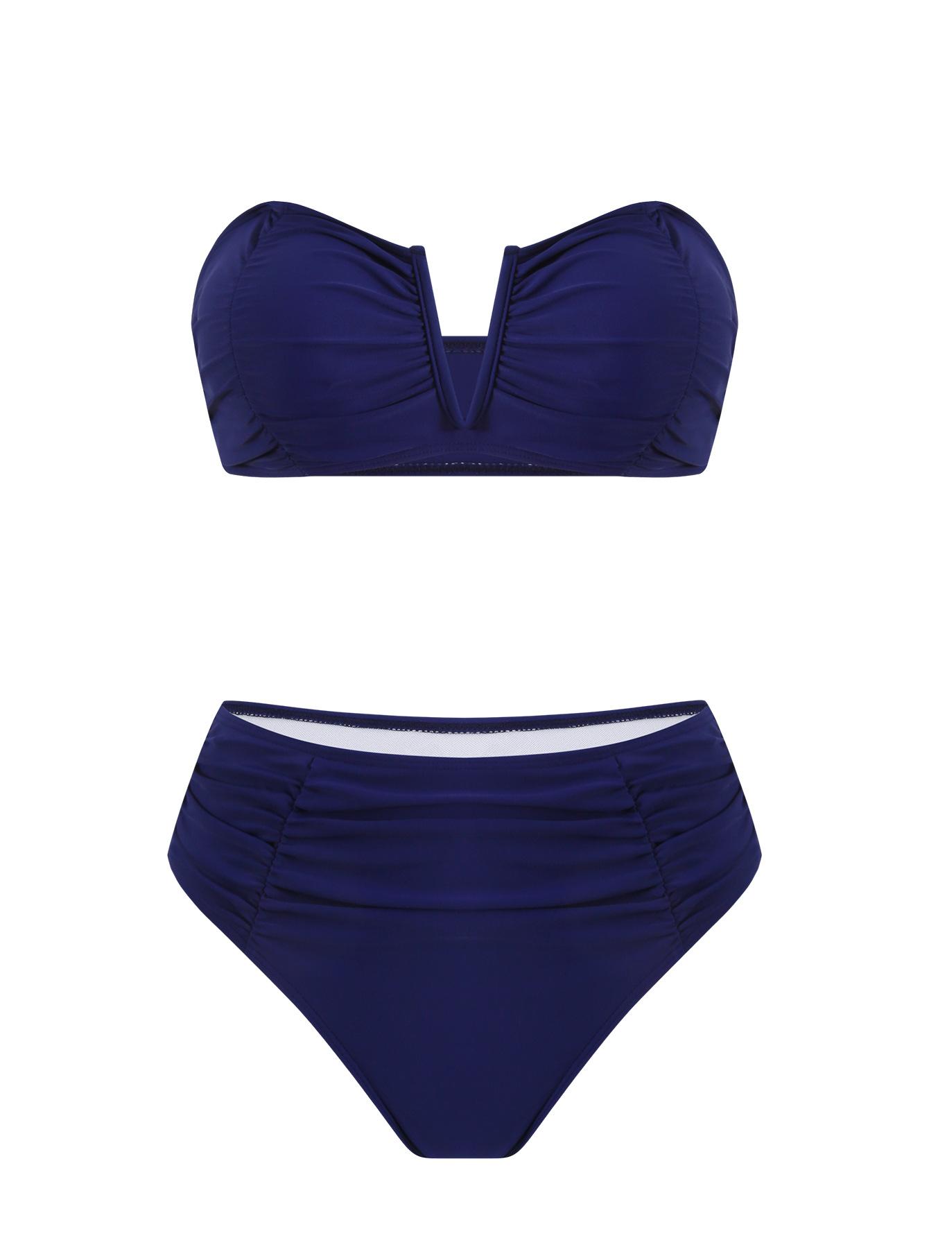(image for) Women Navy Blue Bandeau Bikini Set with Long Twist Front Sarong Skirt 3 Piece High Waisted Tummy Control Beach Vacation Swimwear Set