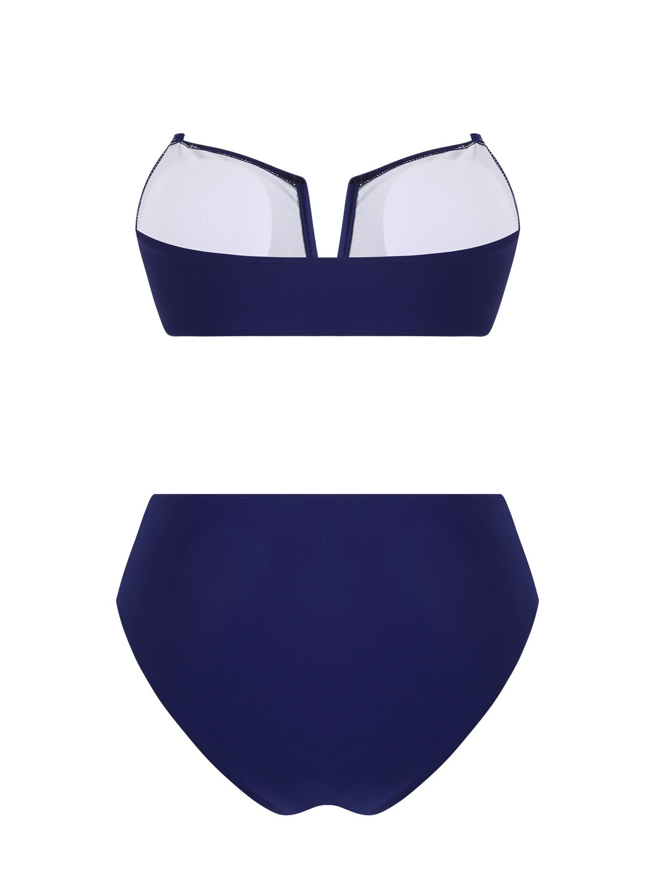 (image for) Women Navy Blue Bandeau Bikini Set with Long Twist Front Sarong Skirt 3 Piece High Waisted Tummy Control Beach Vacation Swimwear Set