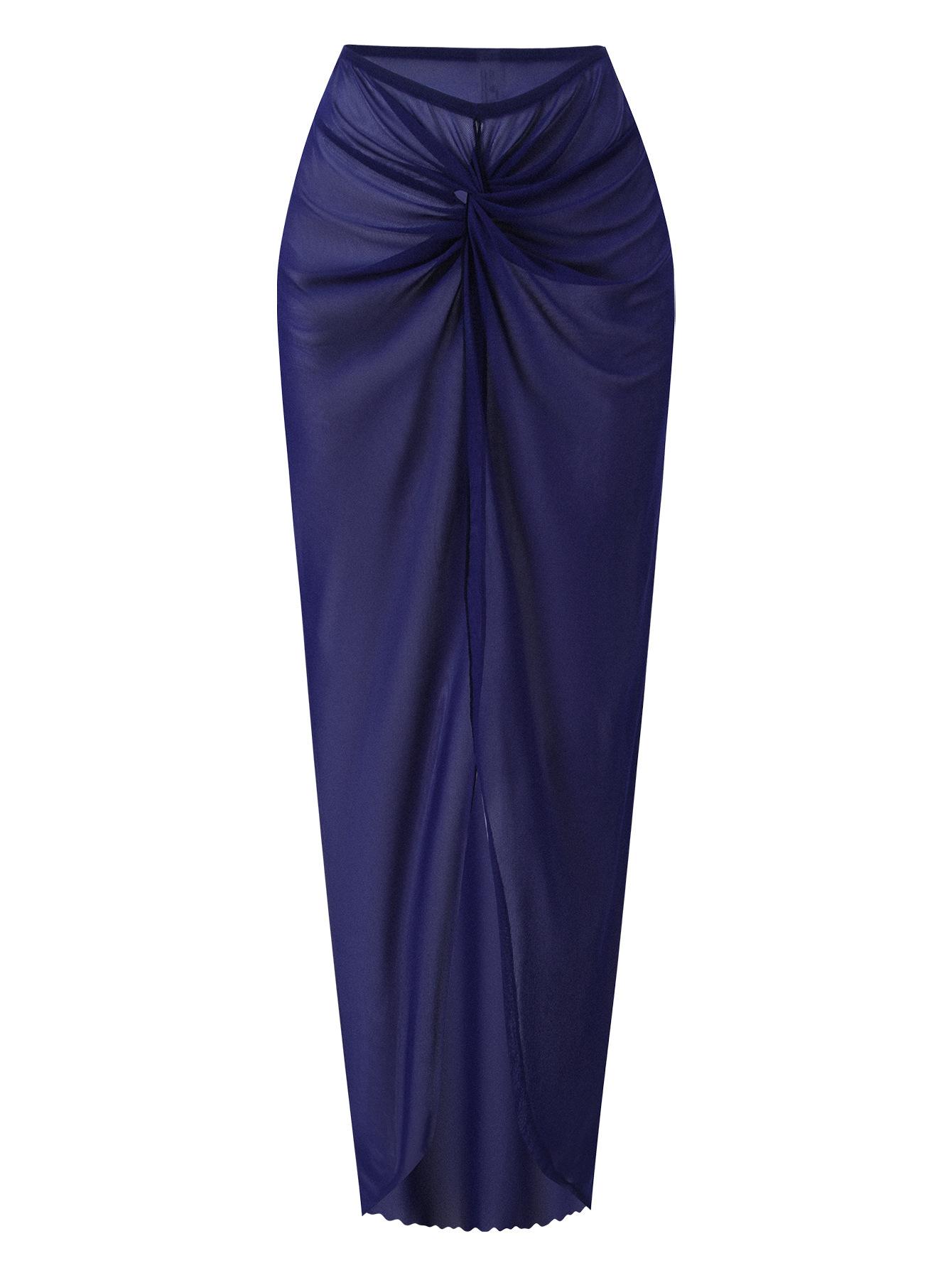 (image for) Women Navy Blue Bandeau Bikini Set with Long Twist Front Sarong Skirt 3 Piece High Waisted Tummy Control Beach Vacation Swimwear Set