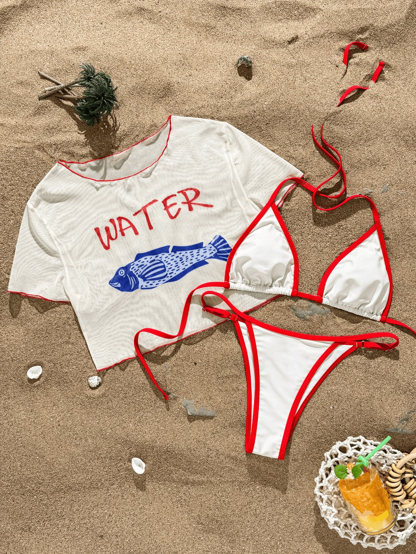 (image for) Women 3 Piece White Red Trim Fish Print Bikini Set with "WATER" Letter Short Sleeve Cover Up T-Shirt Triangle Tie Side Casual Beach Swimwear