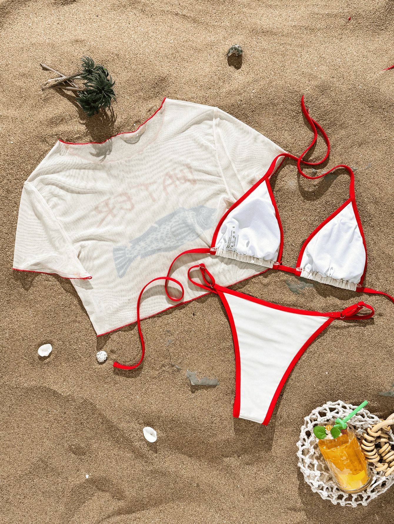 (image for) Women 3 Piece White Red Trim Fish Print Bikini Set with "WATER" Letter Short Sleeve Cover Up T-Shirt Triangle Tie Side Casual Beach Swimwear