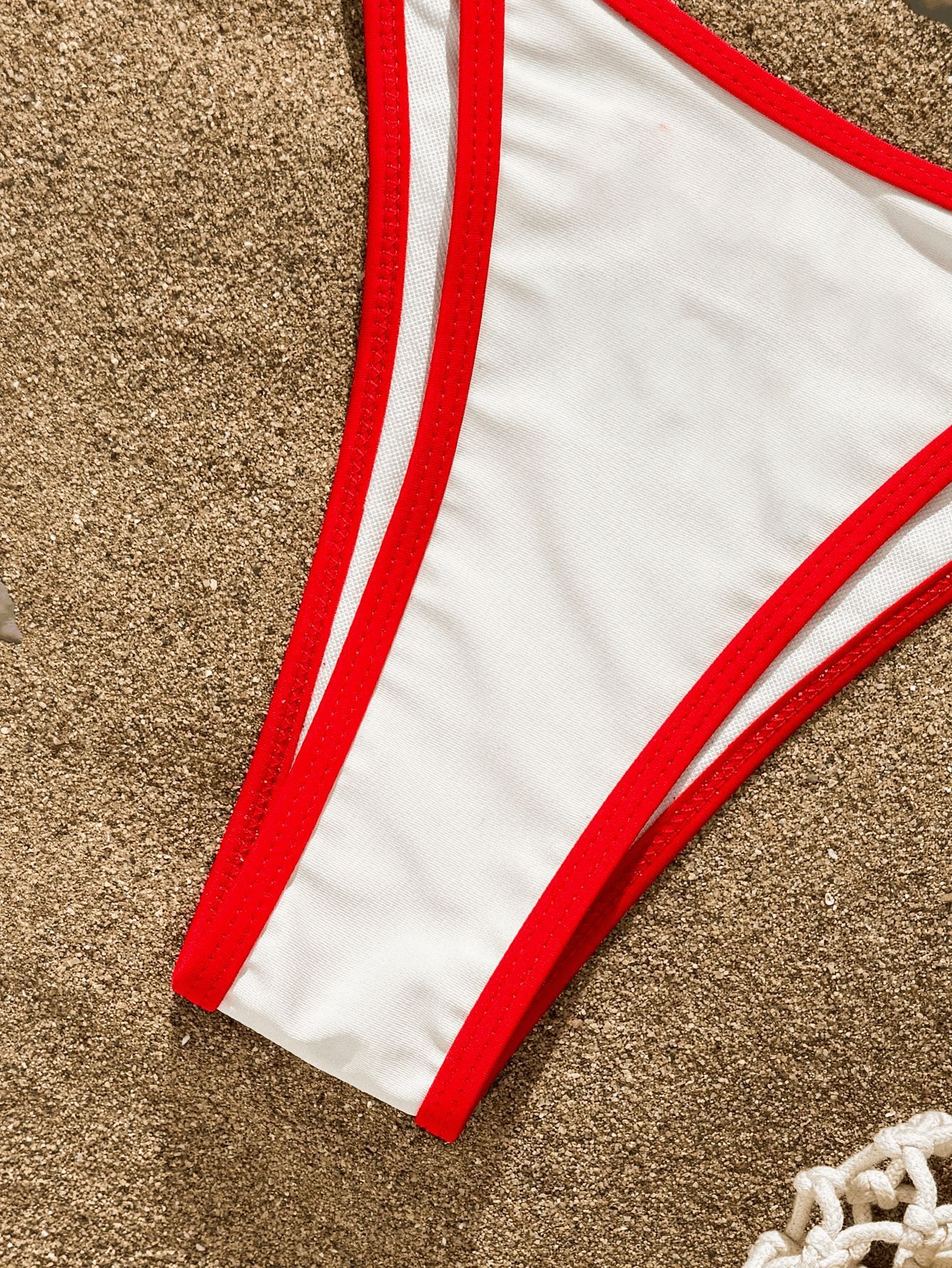 (image for) Women 3 Piece White Red Trim Fish Print Bikini Set with "WATER" Letter Short Sleeve Cover Up T-Shirt Triangle Tie Side Casual Beach Swimwear