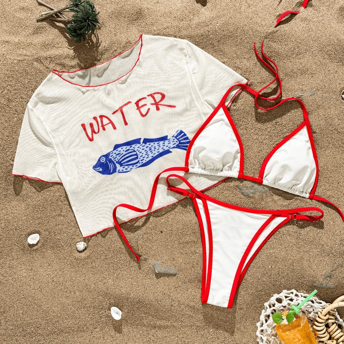 (image for) Women 3 Piece White Red Trim Fish Print Bikini Set with "WATER" Letter Short Sleeve Cover Up T-Shirt Triangle Tie Side Casual Beach Swimwear