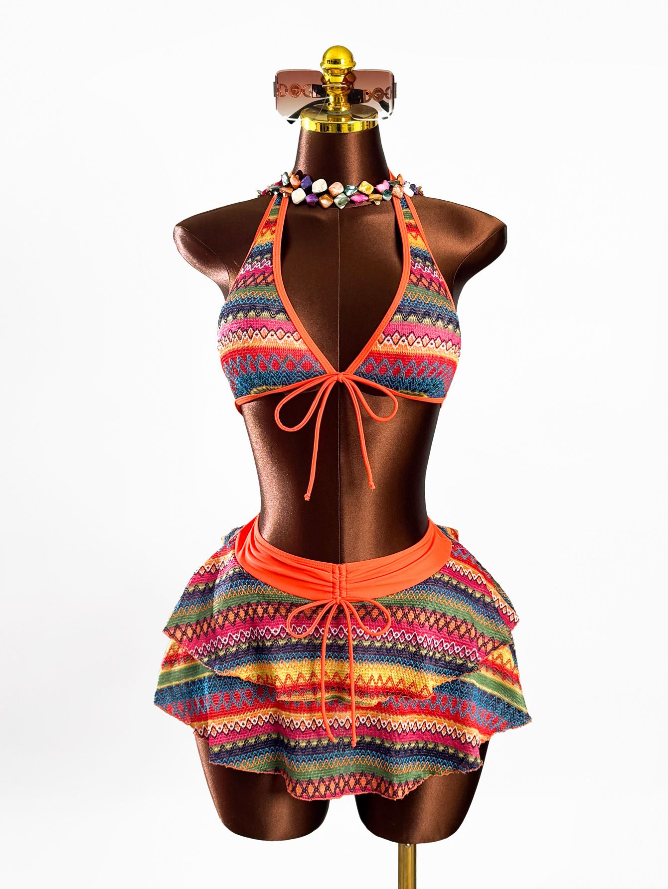 (image for) Women Ethnic Tribal Geometric Stripe Print Halter Triangle Bikini Set with Tiered Ruffle Skirted Bottom Beaded Neck Sexy Boho Beach Swimwear