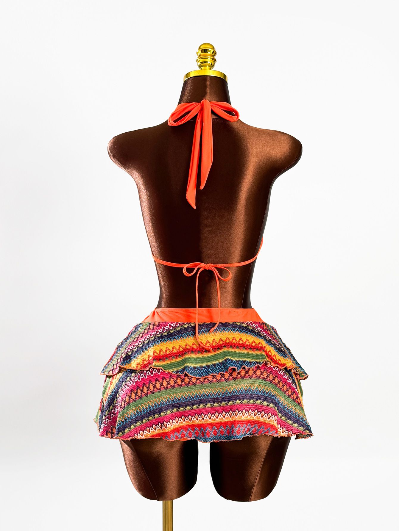 (image for) Women Ethnic Tribal Geometric Stripe Print Halter Triangle Bikini Set with Tiered Ruffle Skirted Bottom Beaded Neck Sexy Boho Beach Swimwear