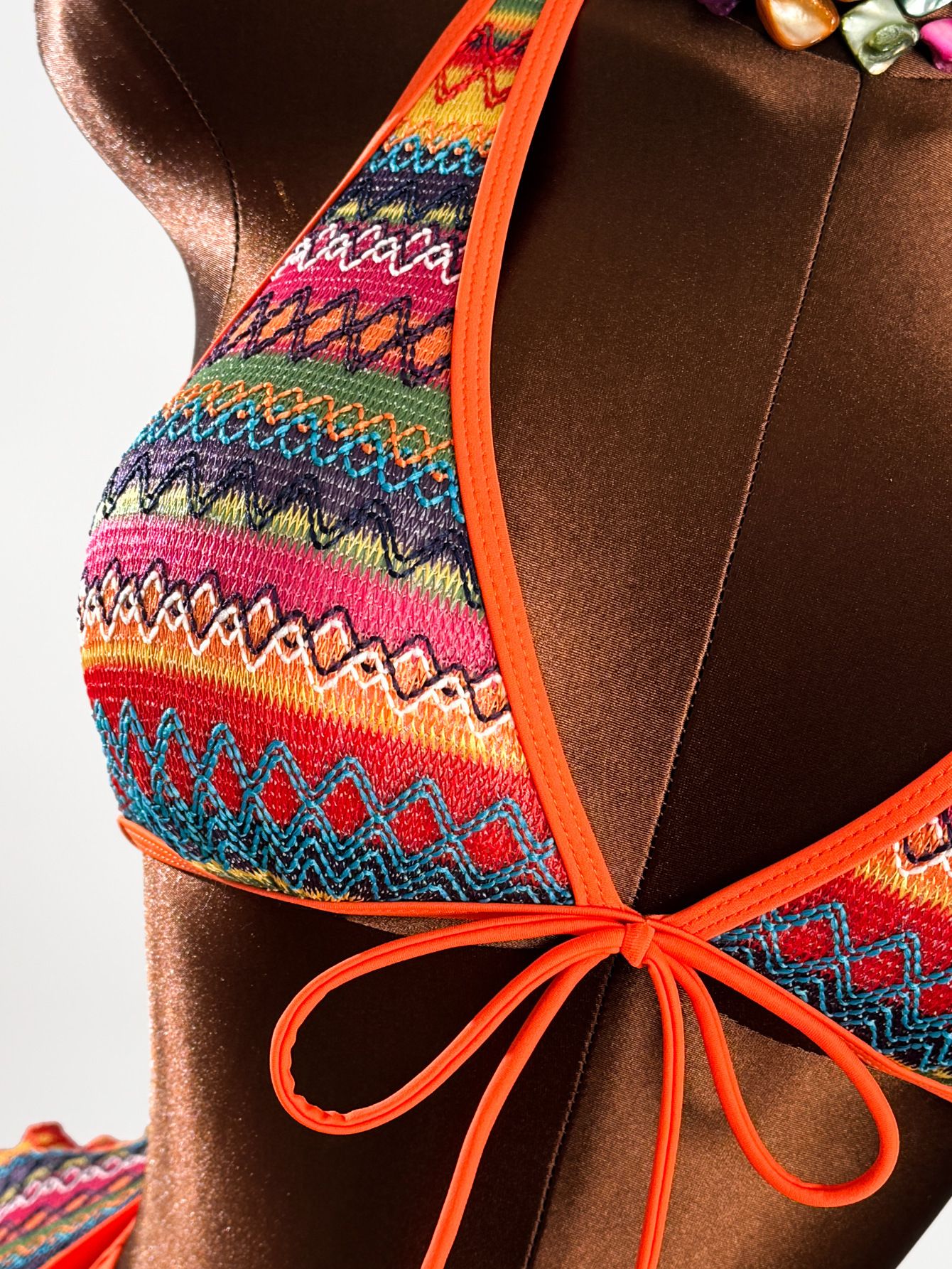 (image for) Women Ethnic Tribal Geometric Stripe Print Halter Triangle Bikini Set with Tiered Ruffle Skirted Bottom Beaded Neck Sexy Boho Beach Swimwear