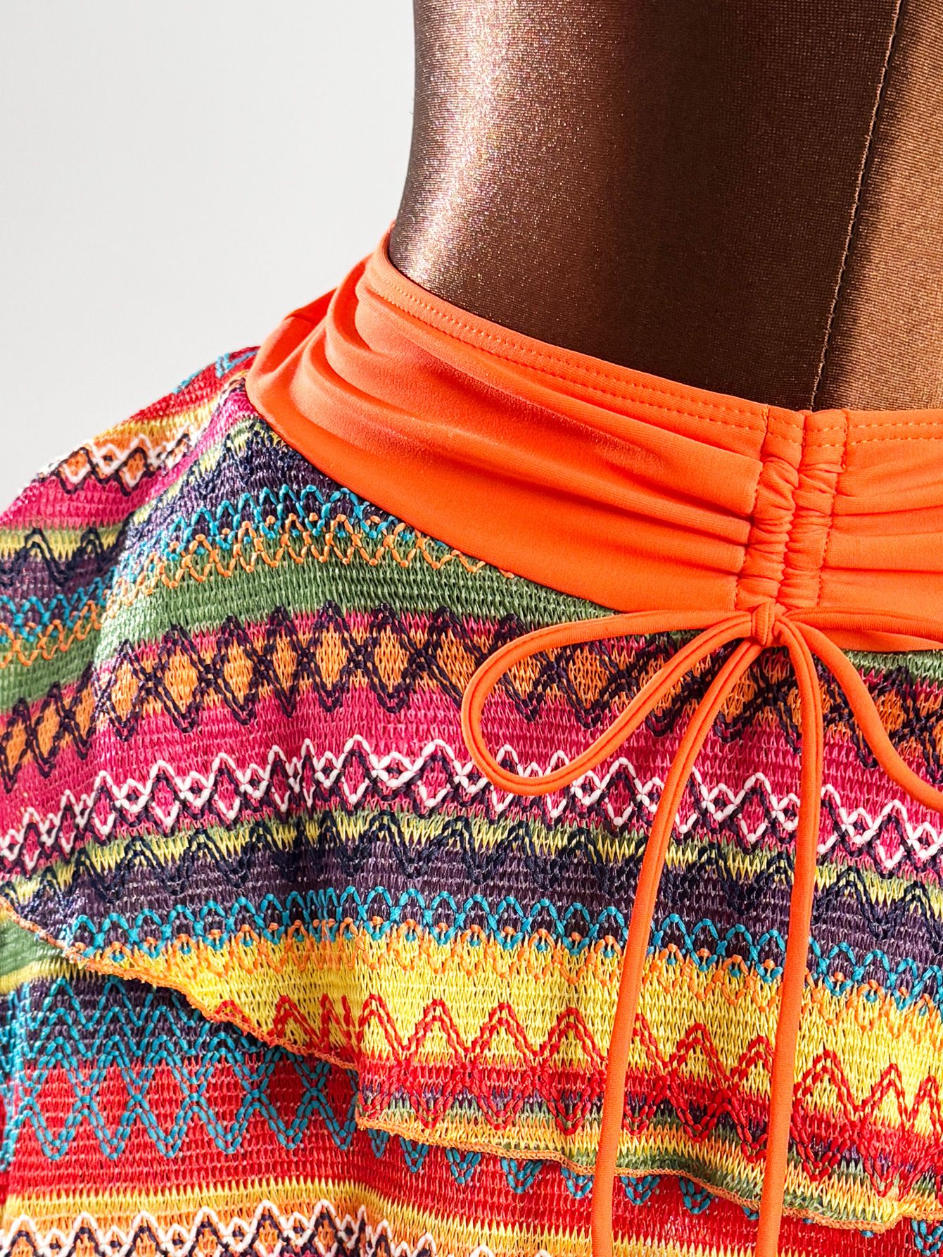 (image for) Women Ethnic Tribal Geometric Stripe Print Halter Triangle Bikini Set with Tiered Ruffle Skirted Bottom Beaded Neck Sexy Boho Beach Swimwear
