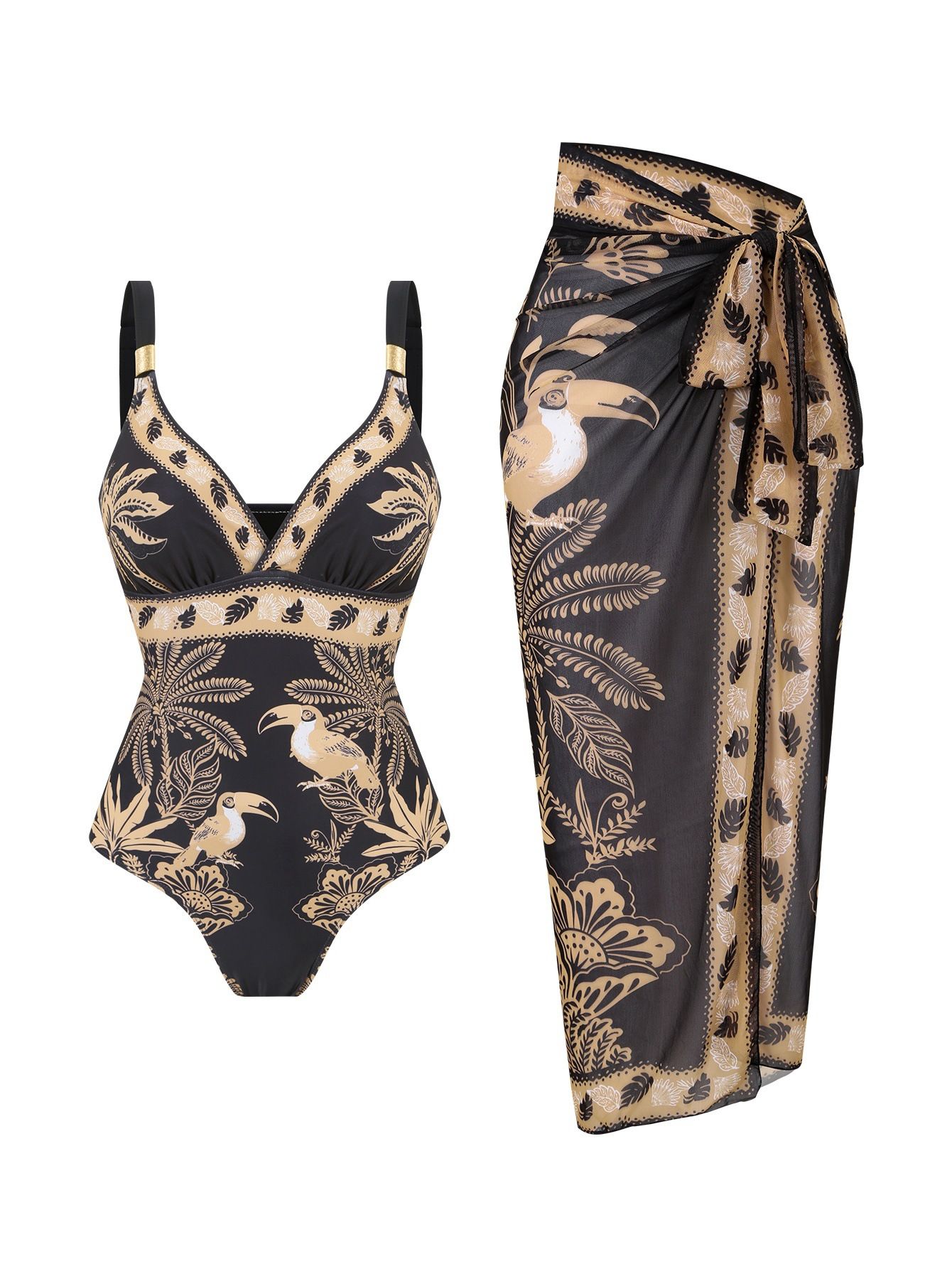 (image for) Women Tropical Toucan Bird Palm Print Deep V One Piece Swimsuit with Matching Sarong Wrap Skirt 2 Piece Tummy Control Sexy Beach Swimwear Set