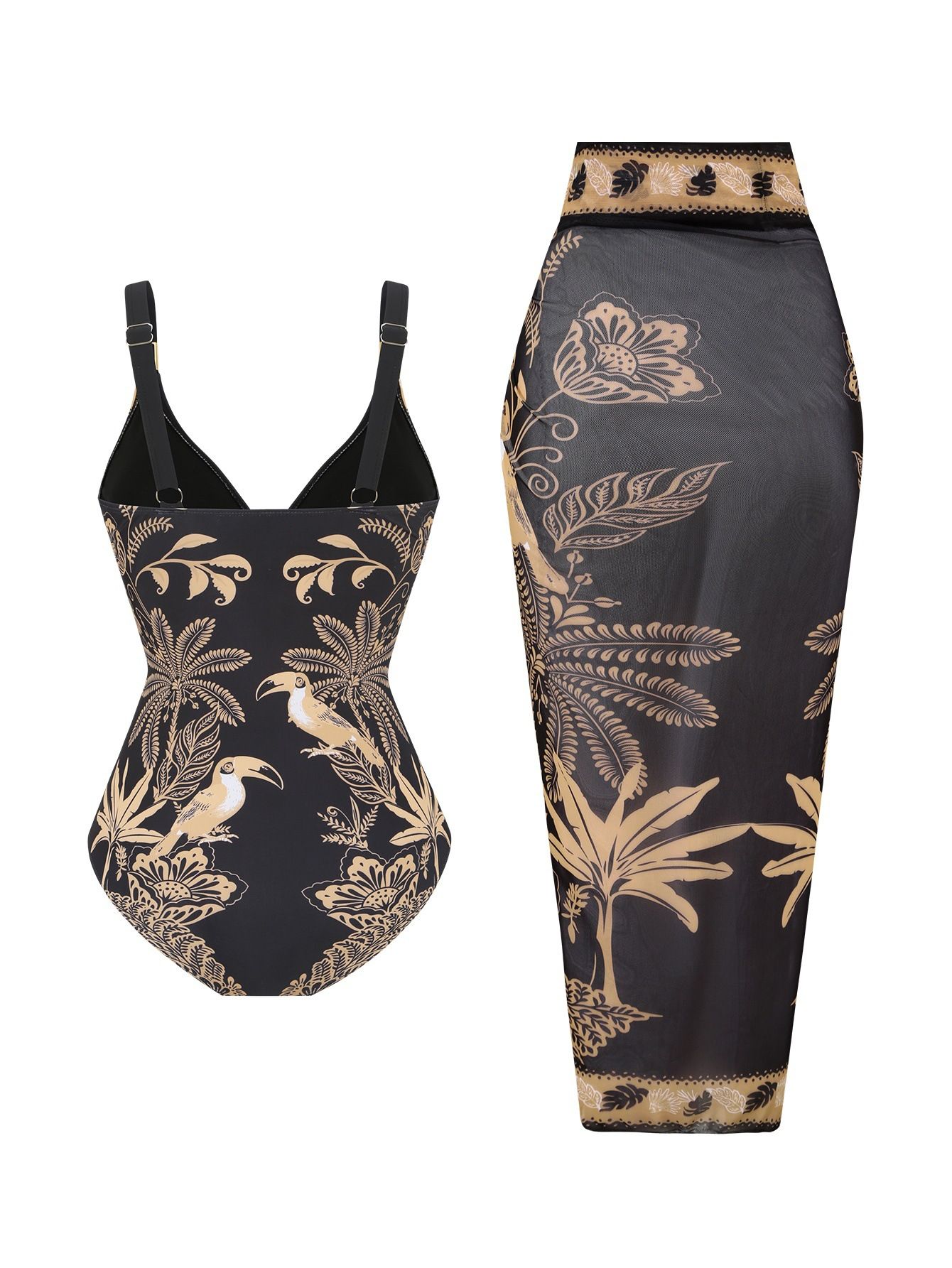 (image for) Women Tropical Toucan Bird Palm Print Deep V One Piece Swimsuit with Matching Sarong Wrap Skirt 2 Piece Tummy Control Sexy Beach Swimwear Set