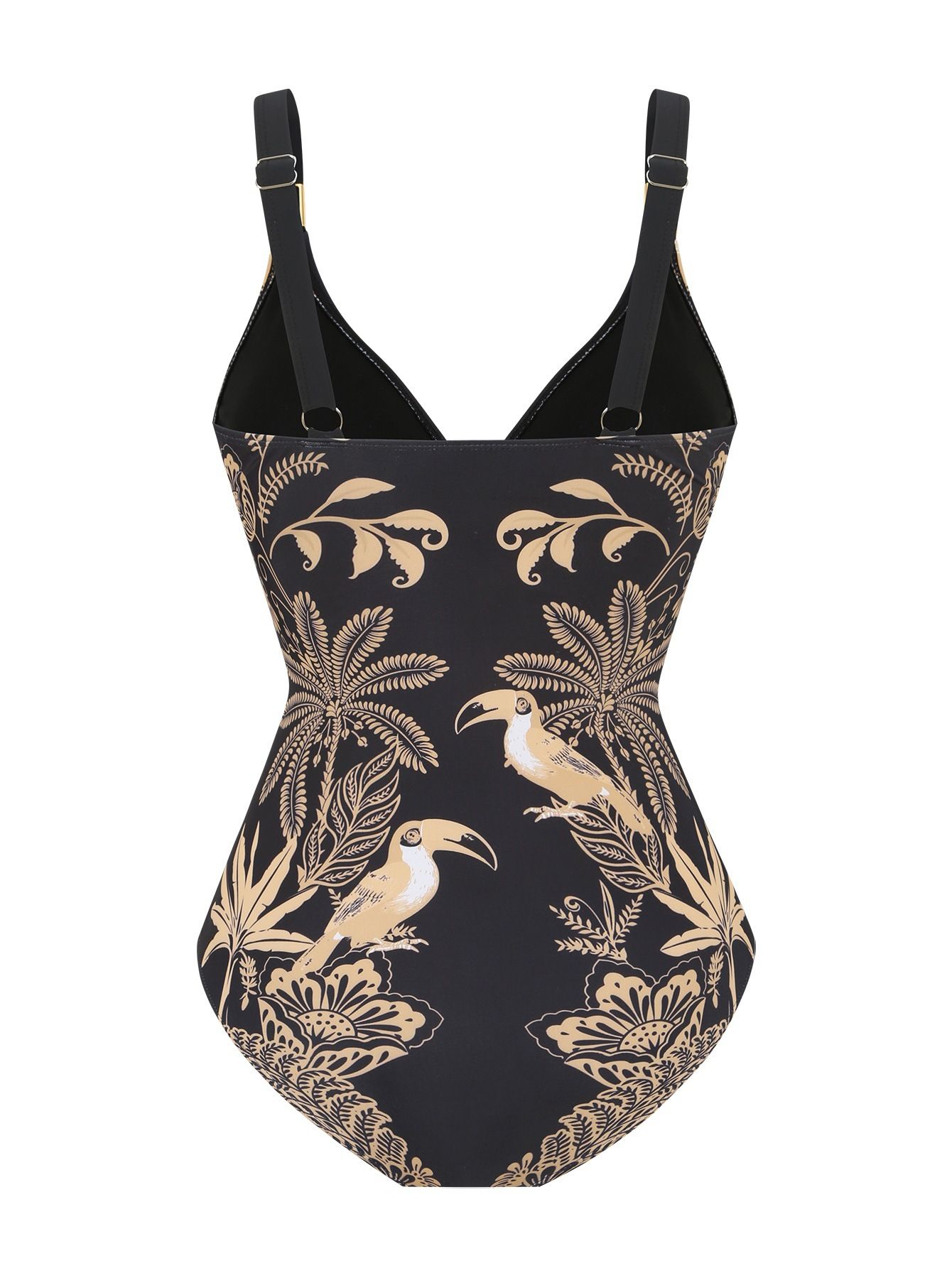(image for) Women Tropical Toucan Bird Palm Print Deep V One Piece Swimsuit with Matching Sarong Wrap Skirt 2 Piece Tummy Control Sexy Beach Swimwear Set