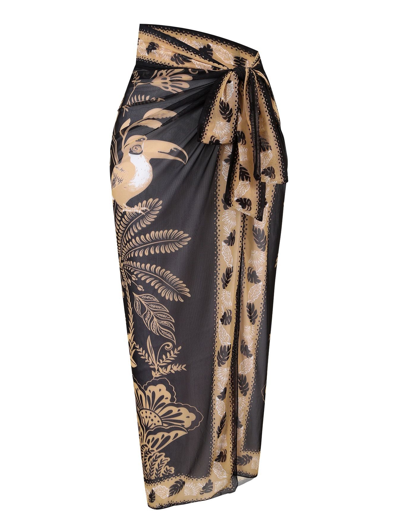 (image for) Women Tropical Toucan Bird Palm Print Deep V One Piece Swimsuit with Matching Sarong Wrap Skirt 2 Piece Tummy Control Sexy Beach Swimwear Set