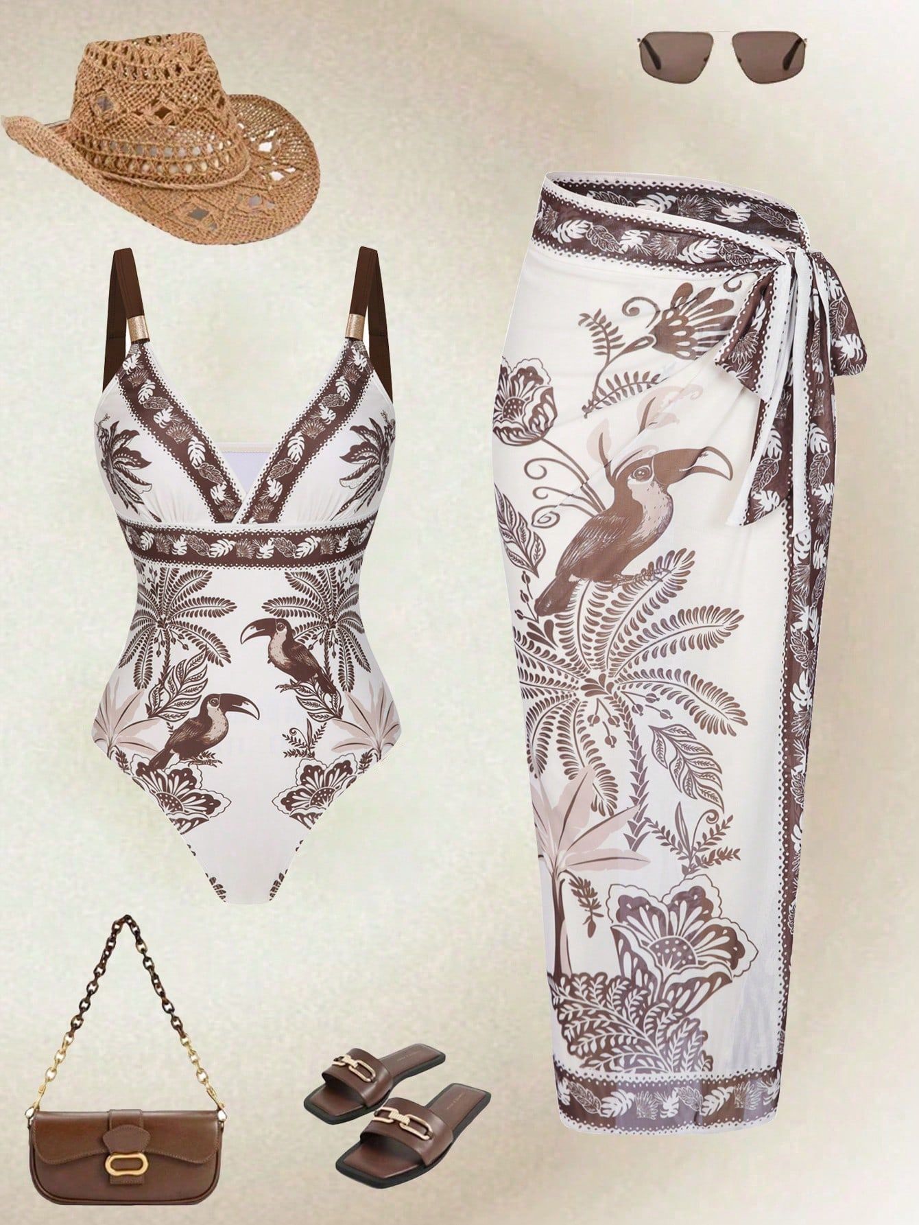 (image for) Women Tropical Toucan Bird Palm Print Deep V One Piece Swimsuit with Matching Sarong Wrap Skirt 2 Piece Tummy Control Sexy Beach Swimwear Set
