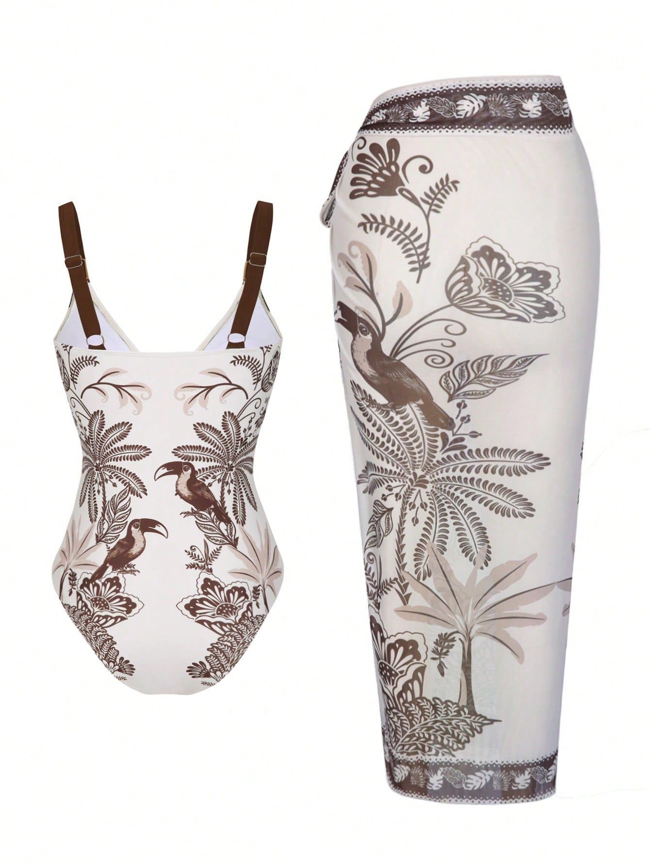(image for) Women Tropical Toucan Bird Palm Print Deep V One Piece Swimsuit with Matching Sarong Wrap Skirt 2 Piece Tummy Control Sexy Beach Swimwear Set