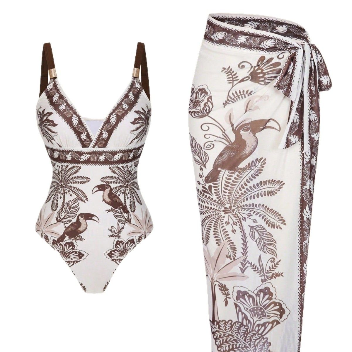 (image for) Women Tropical Toucan Bird Palm Print Deep V One Piece Swimsuit with Matching Sarong Wrap Skirt 2 Piece Tummy Control Sexy Beach Swimwear Set