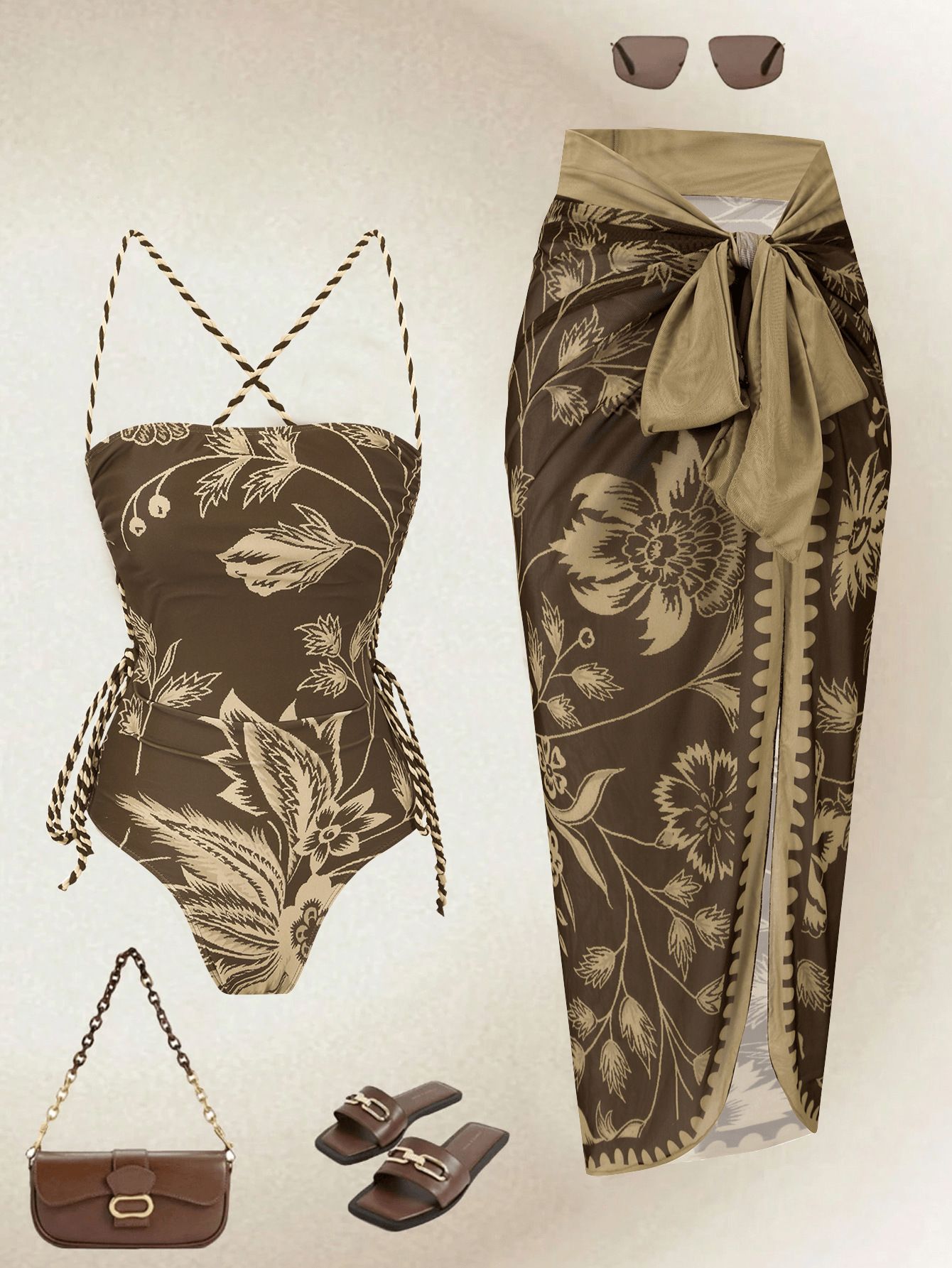 Women Vintage Botanical Floral Print Crisscross Strap One Piece Swimsuit with Maxi Sarong Wrap Skirt 2 Piece Set