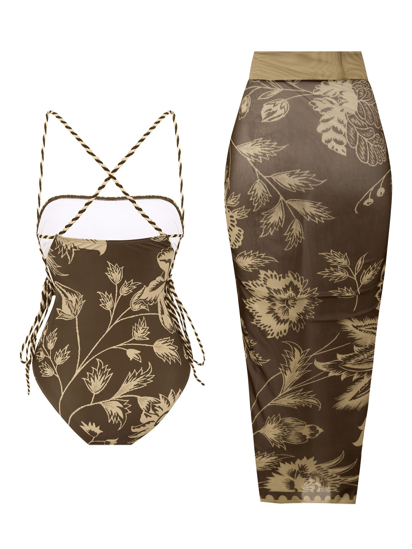 (image for) Women Vintage Botanical Floral Print Crisscross Strap One Piece Swimsuit with Maxi Sarong Wrap Skirt 2 Piece Set