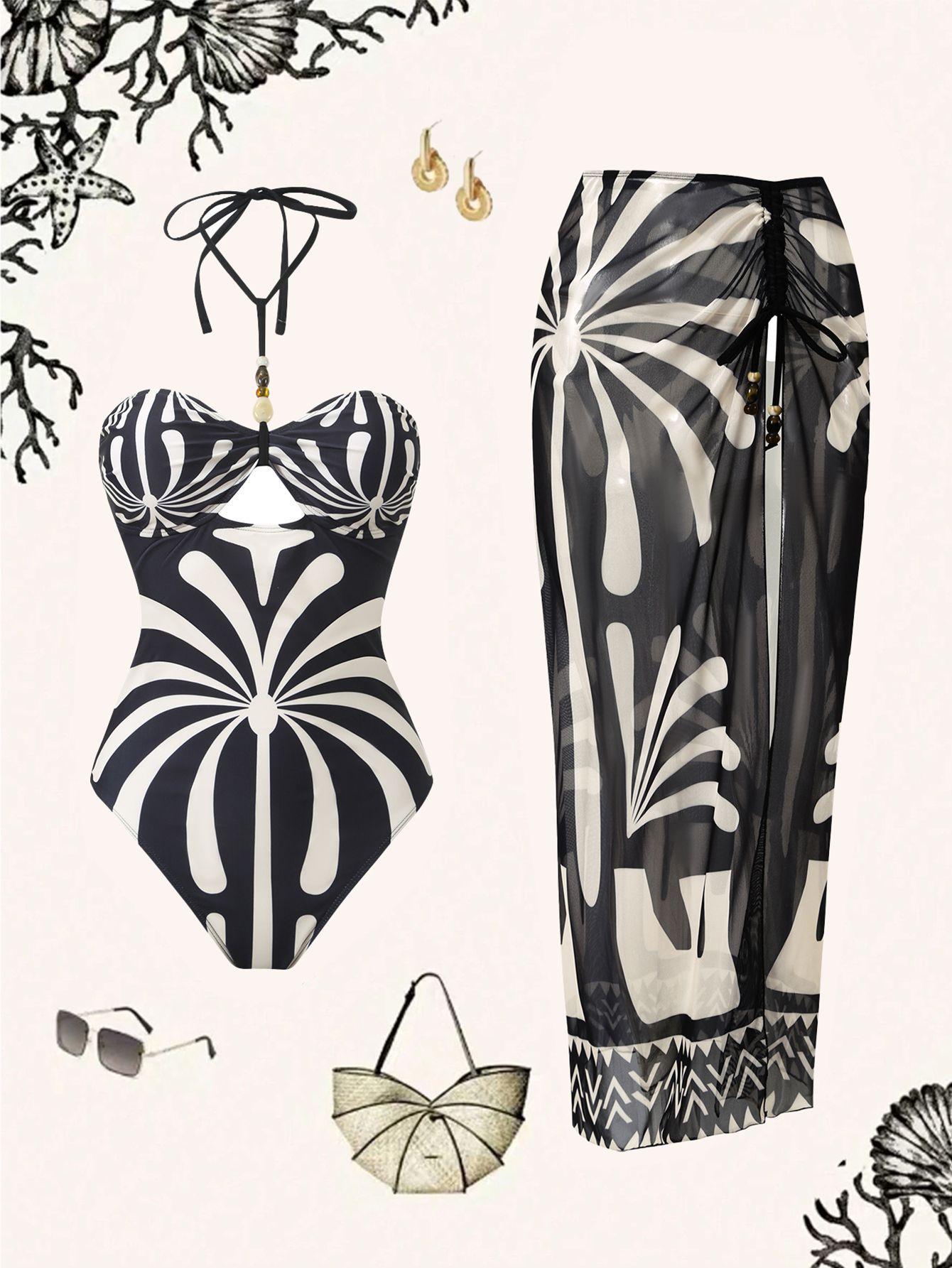 Women Black White Abstract Geometric Print Halter Cut Out One Piece Swimsuit with Sheer Mesh Sarong Skirt 2 Piece Premium Tummy Control Beach Resort Swimwear Set