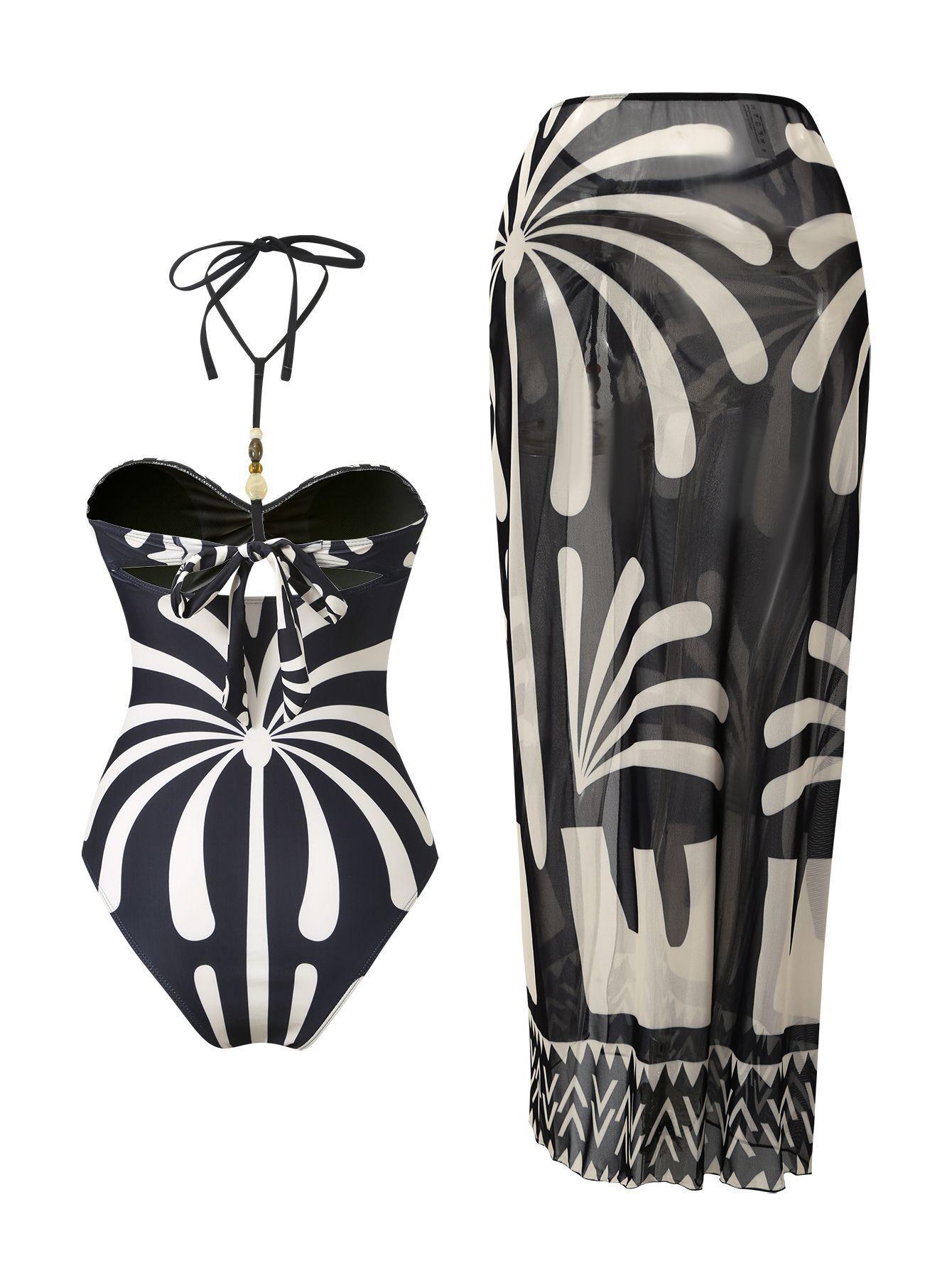(image for) Women Black White Abstract Geometric Print Halter Cut Out One Piece Swimsuit with Sheer Mesh Sarong Skirt 2 Piece Premium Tummy Control Beach Resort Swimwear Set