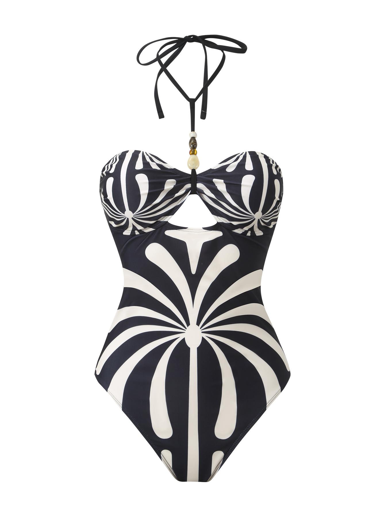 (image for) Women Black White Abstract Geometric Print Halter Cut Out One Piece Swimsuit with Sheer Mesh Sarong Skirt 2 Piece Premium Tummy Control Beach Resort Swimwear Set