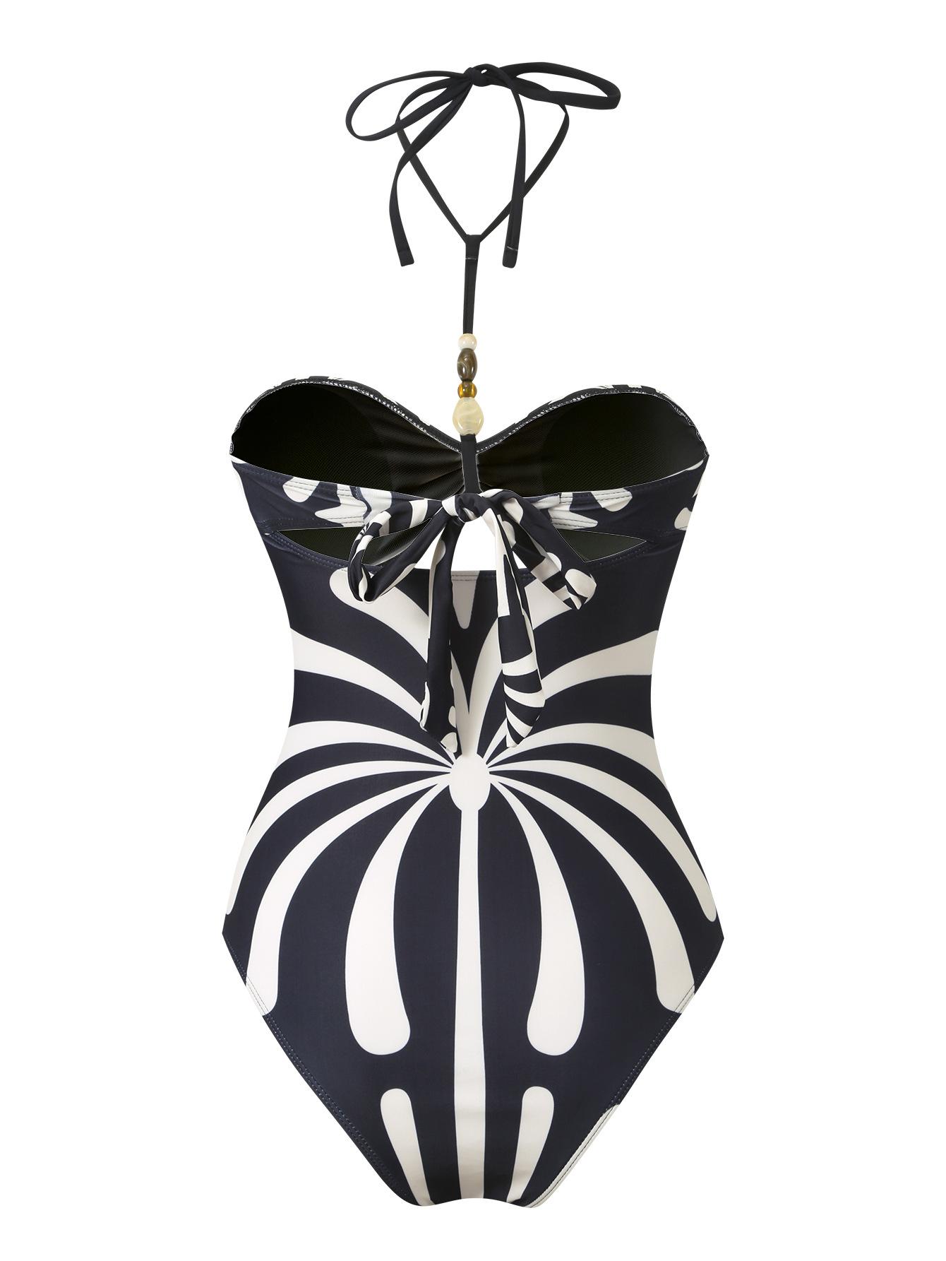 (image for) Women Black White Abstract Geometric Print Halter Cut Out One Piece Swimsuit with Sheer Mesh Sarong Skirt 2 Piece Premium Tummy Control Beach Resort Swimwear Set