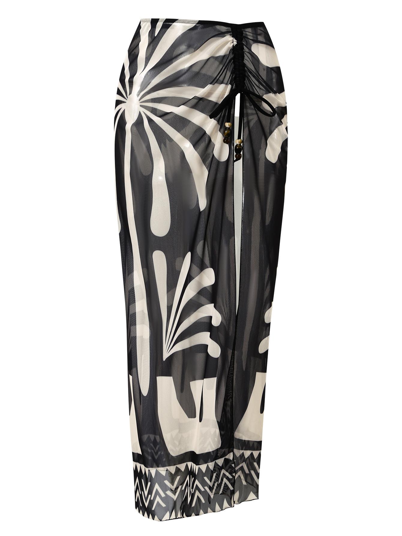 (image for) Women Black White Abstract Geometric Print Halter Cut Out One Piece Swimsuit with Sheer Mesh Sarong Skirt 2 Piece Premium Tummy Control Beach Resort Swimwear Set