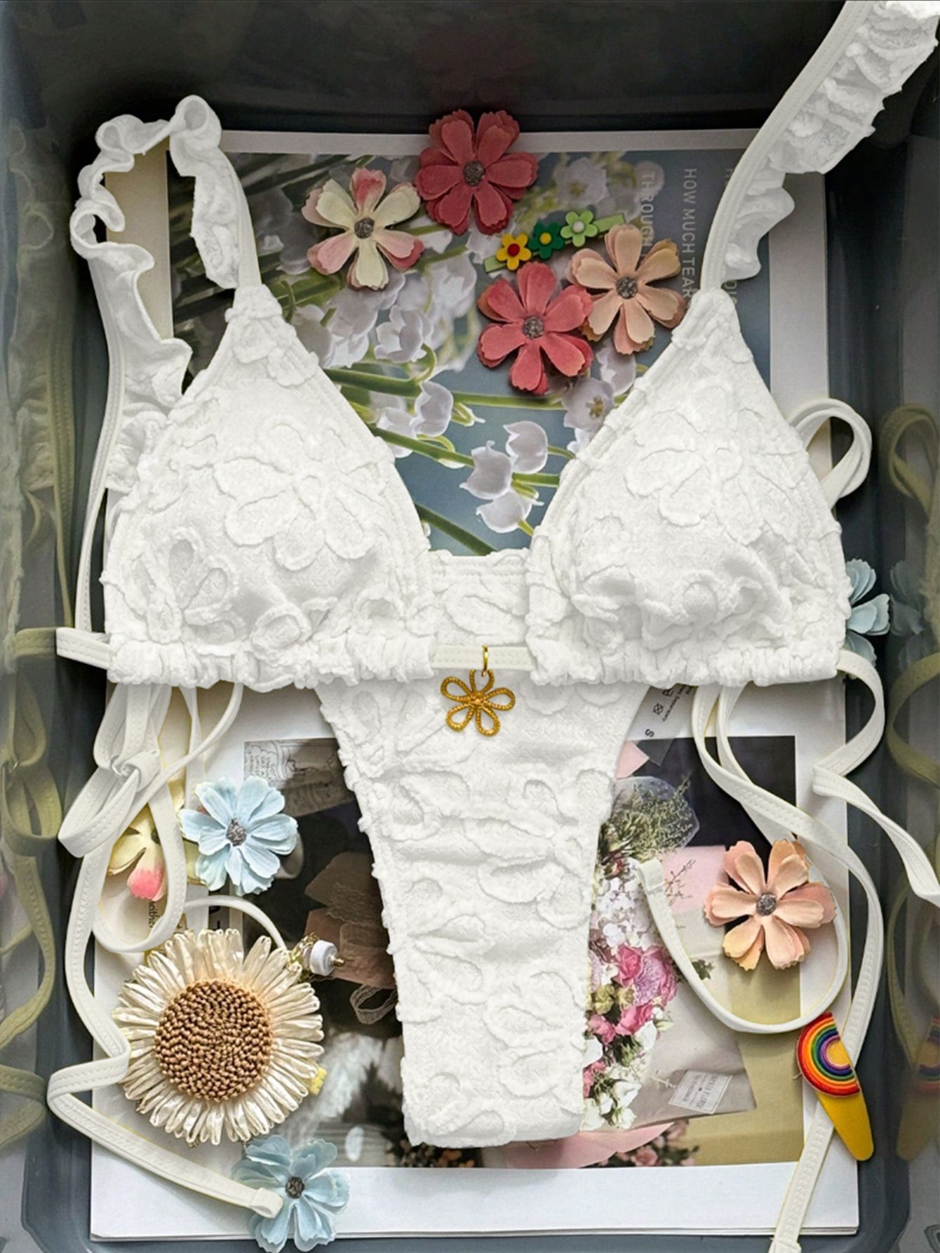 (image for) Women 3D Floral Applique Ruffle Strap Triangle Bikini Set Tie Side High Cut Sexy Premium Beach Swimwear