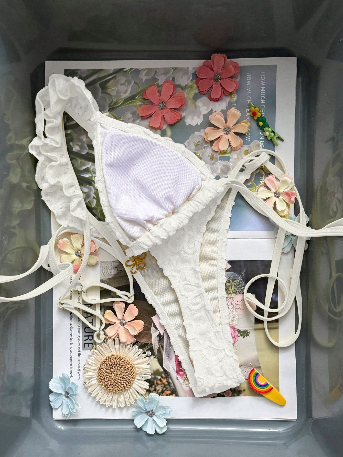 (image for) Women 3D Floral Applique Ruffle Strap Triangle Bikini Set Tie Side High Cut Sexy Premium Beach Swimwear