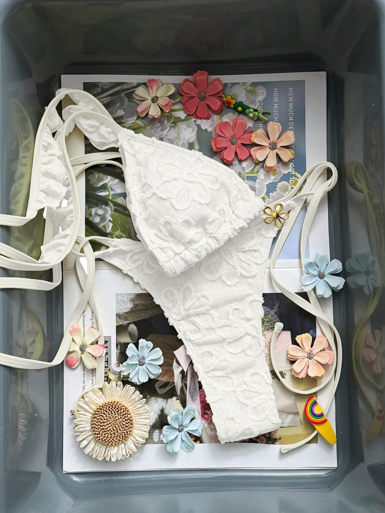 (image for) Women 3D Floral Applique Ruffle Strap Triangle Bikini Set Tie Side High Cut Sexy Premium Beach Swimwear