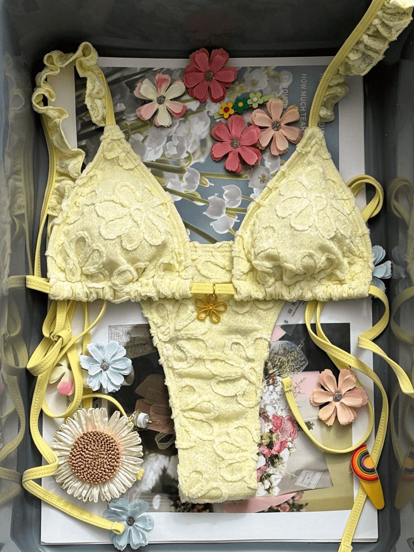 (image for) Women 3D Floral Applique Ruffle Strap Triangle Bikini Set Tie Side High Cut Sexy Premium Beach Swimwear